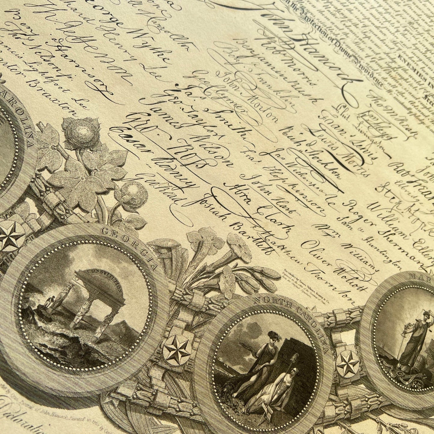 Close-up of signatures from Historic "Declaration of Independence" engraving by publisher John Binns Archival print from The HIstory List store