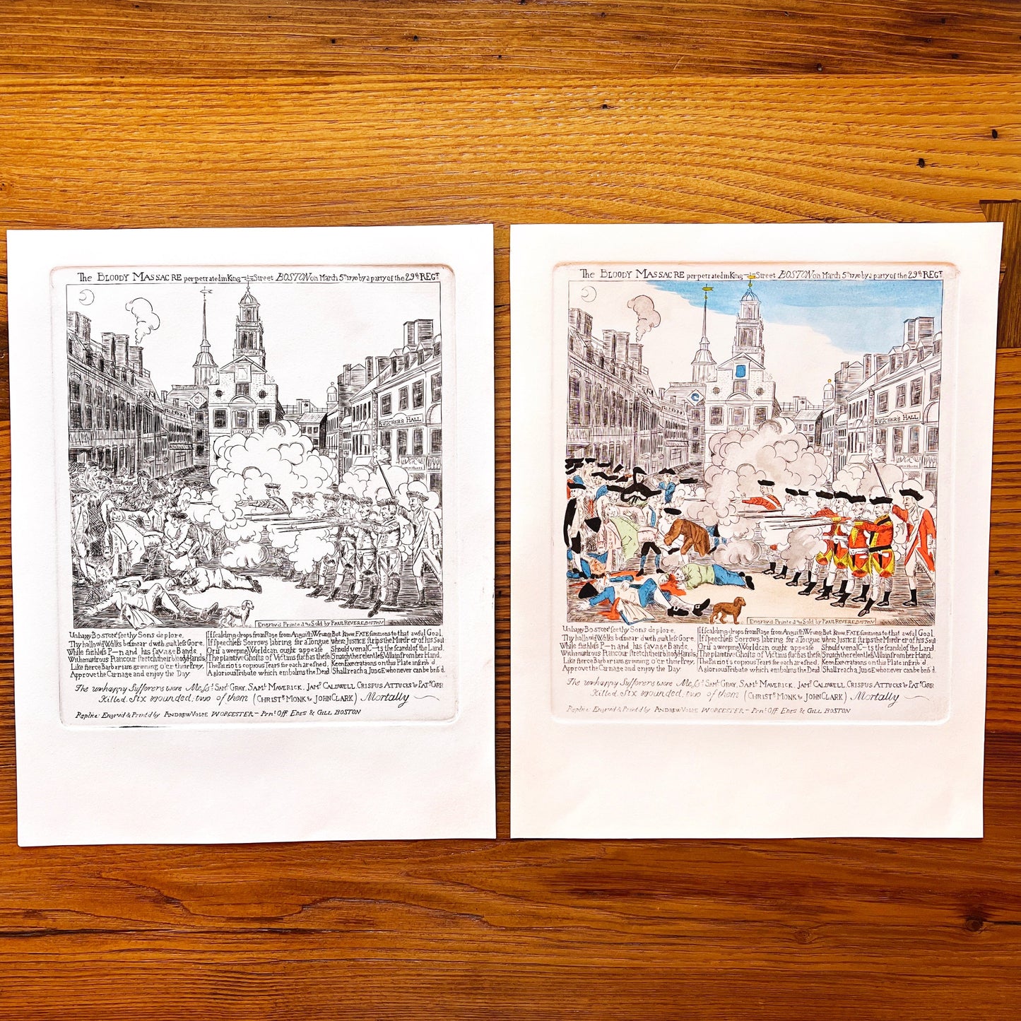 Colored and Black and white Boston Massacre Hand-Engraved print, after Revere from the History List Store