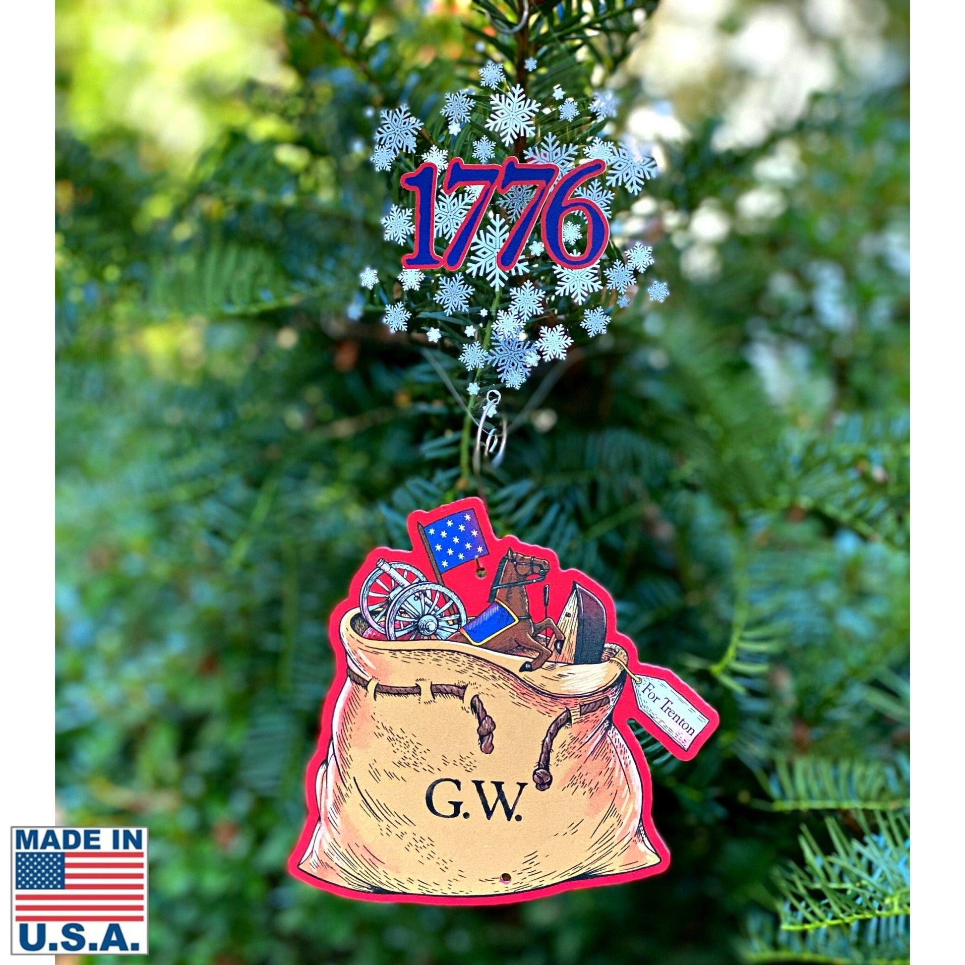 George Washington's Christmas Day Crossing of the Delaware Ornament Made in America - gift bag on bottom