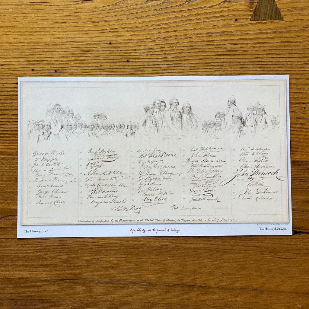 "The Signers of the Declaration of the Independence and their signatures" from the History List Store