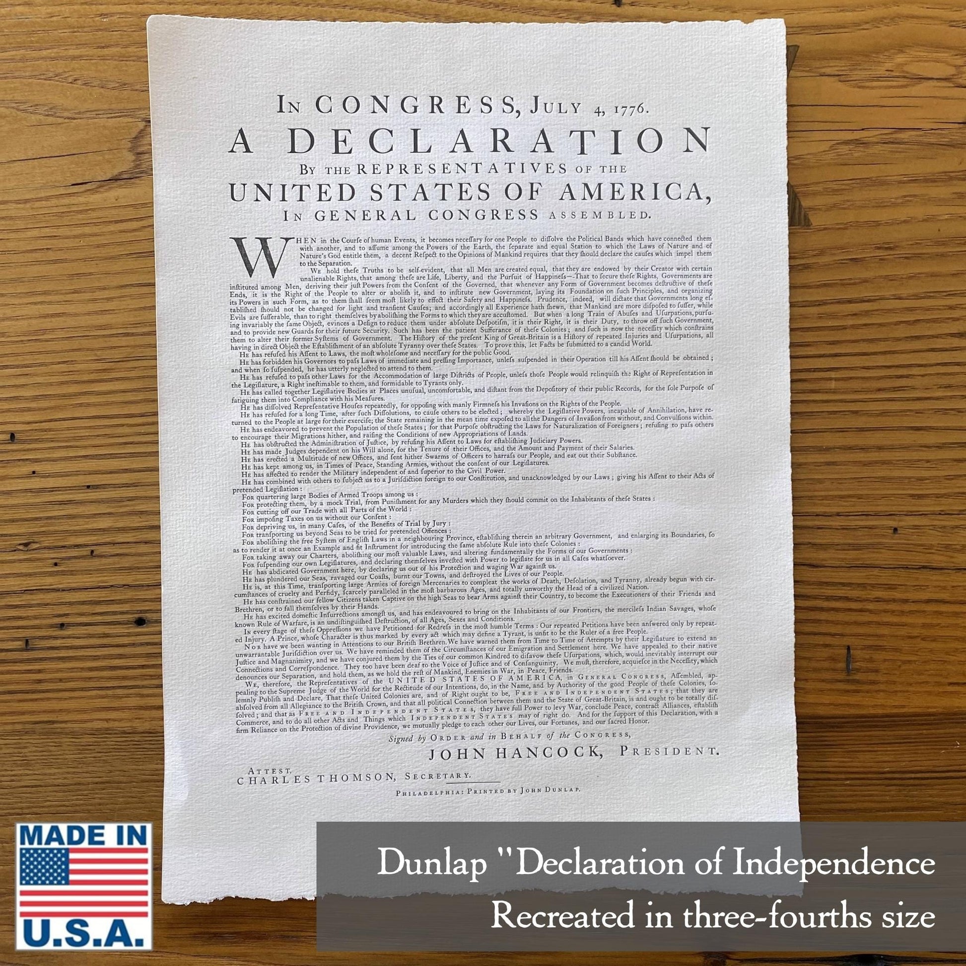 Dunlap broadside of the Declaration of Independence - Three-quarter size from the History List store