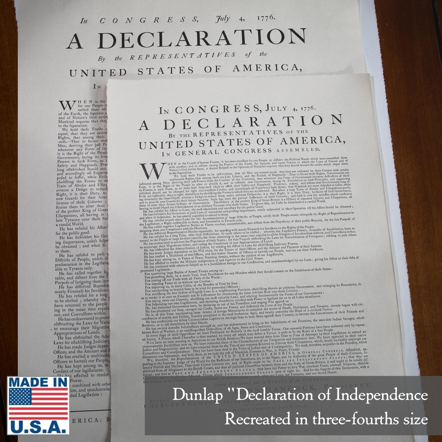 Dunlap broadside of the Declaration of Independence - Three-quarter size from the History List store— Made in the USA