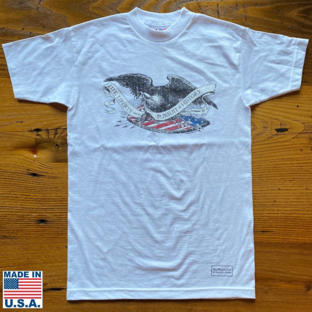 White "Life Liberty, and the Pursuit of History" shirt with Historic Eagle and Shield Engraving from the history list store