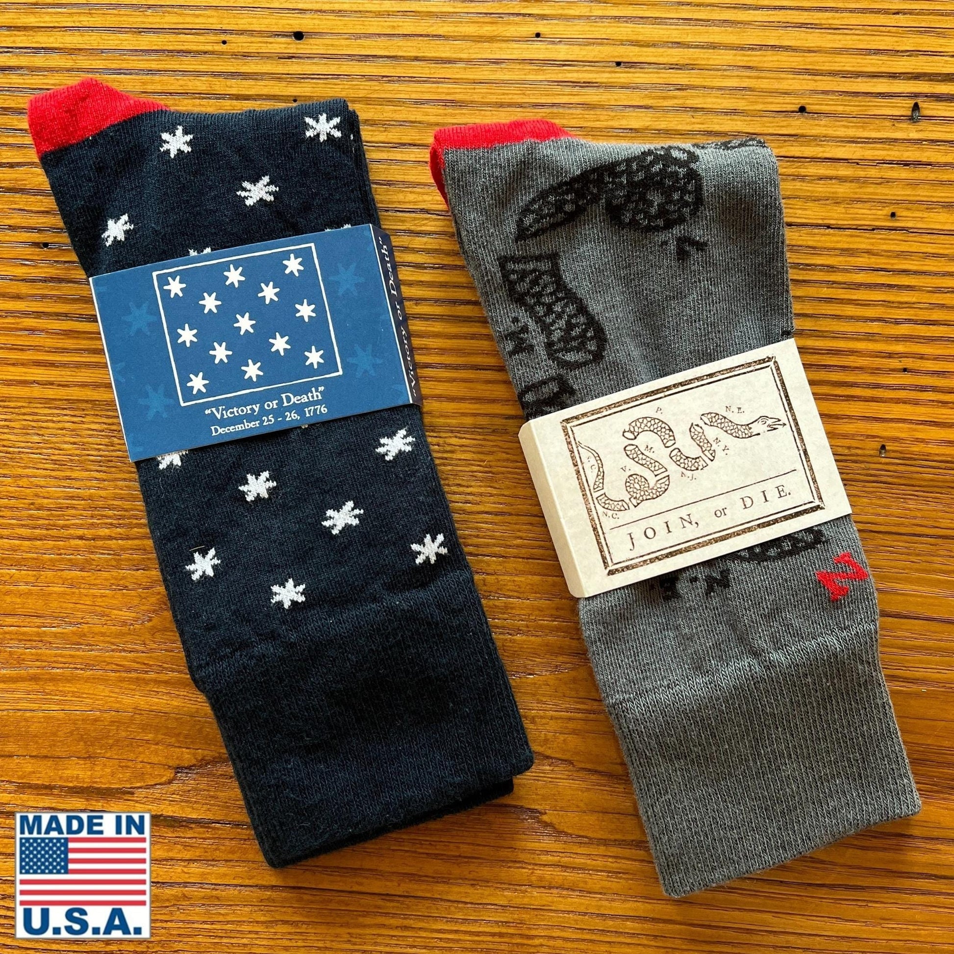 A pair of "Victory or Death" Socks and "Join or Die" socks — Made in USA from The History List store