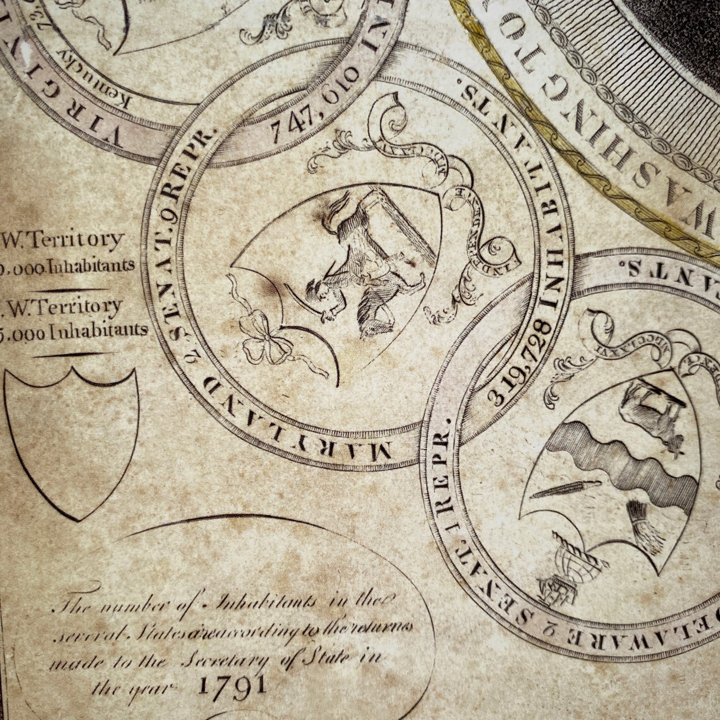 Close-up of Maryland seal from the "George Washington and the 13 States" Historic poster from The History List store