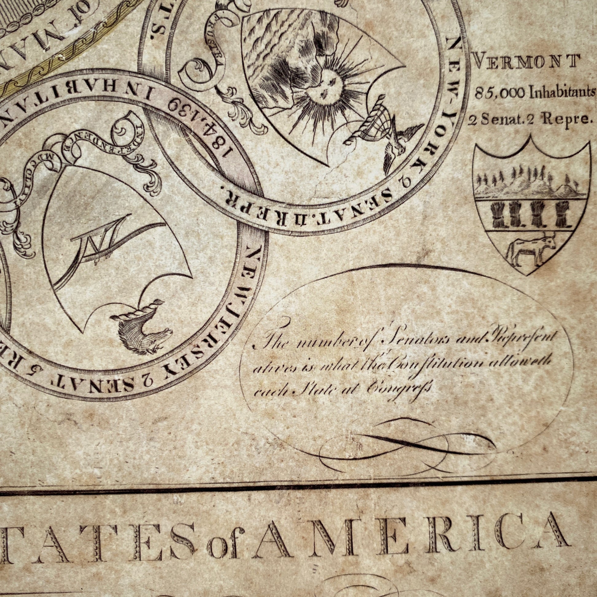 Close-up of New York seal from the "George Washington and the 13 States" Historic poster from The History List store