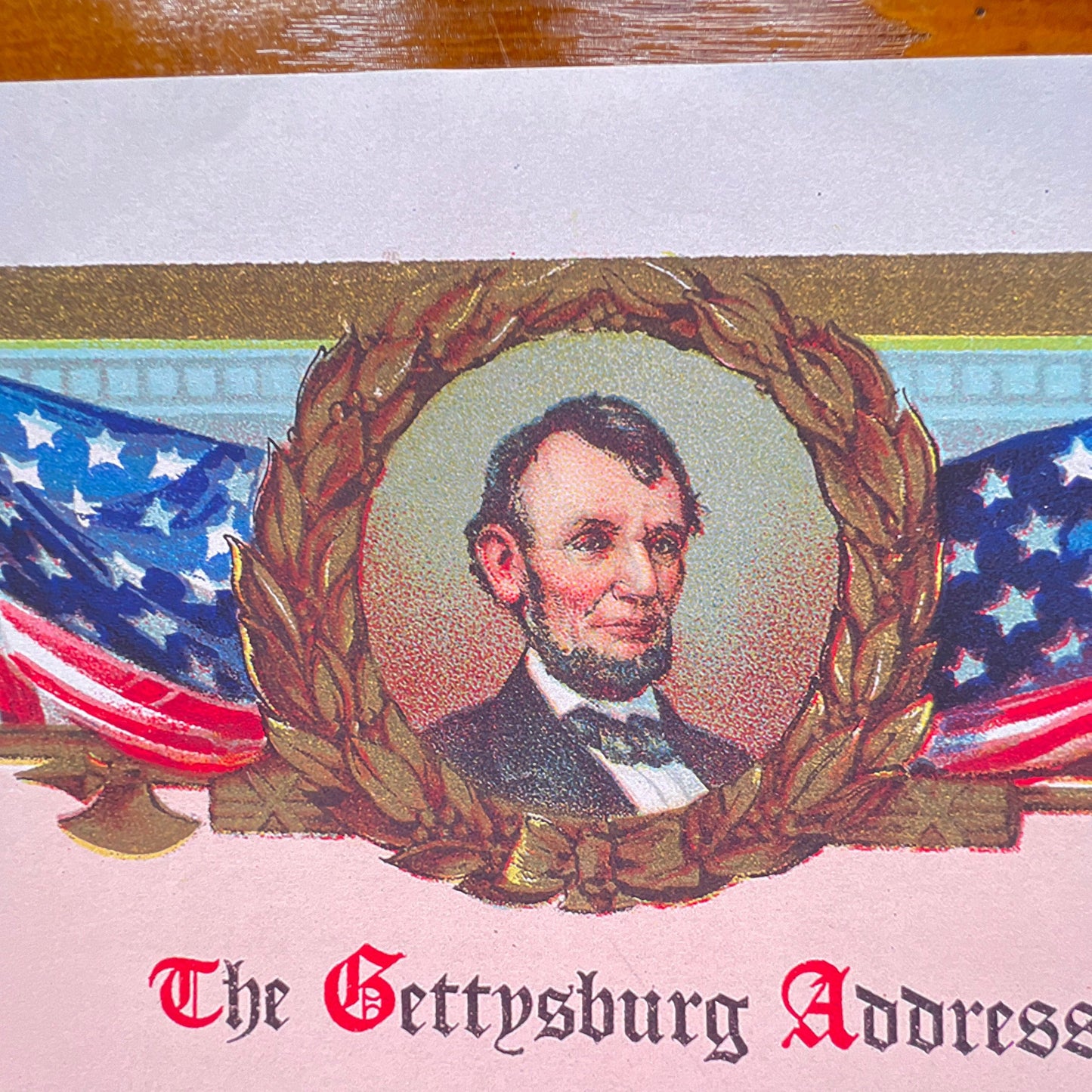 Gettysburg Address in full color with Lincoln and flags — Archival print