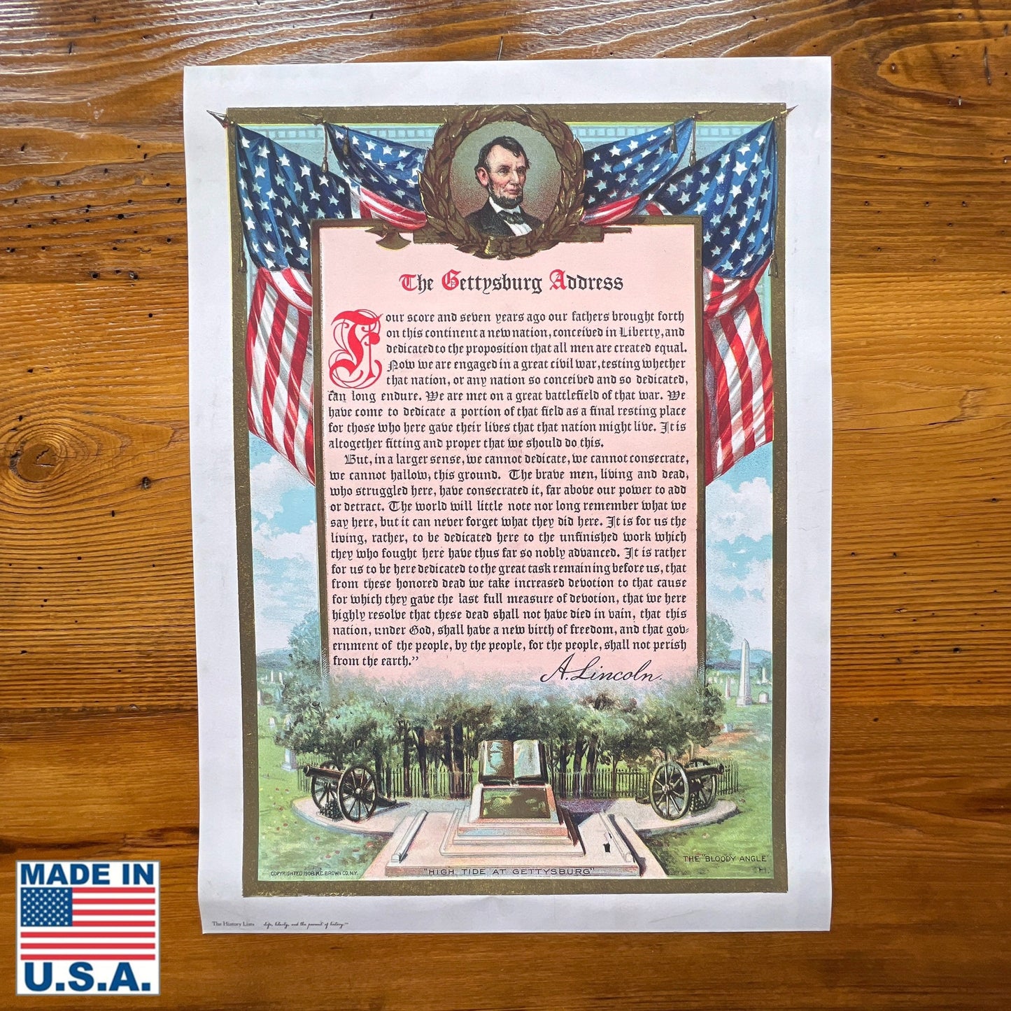 Gettysburg Address in full color with Lincoln and flags — Archival print