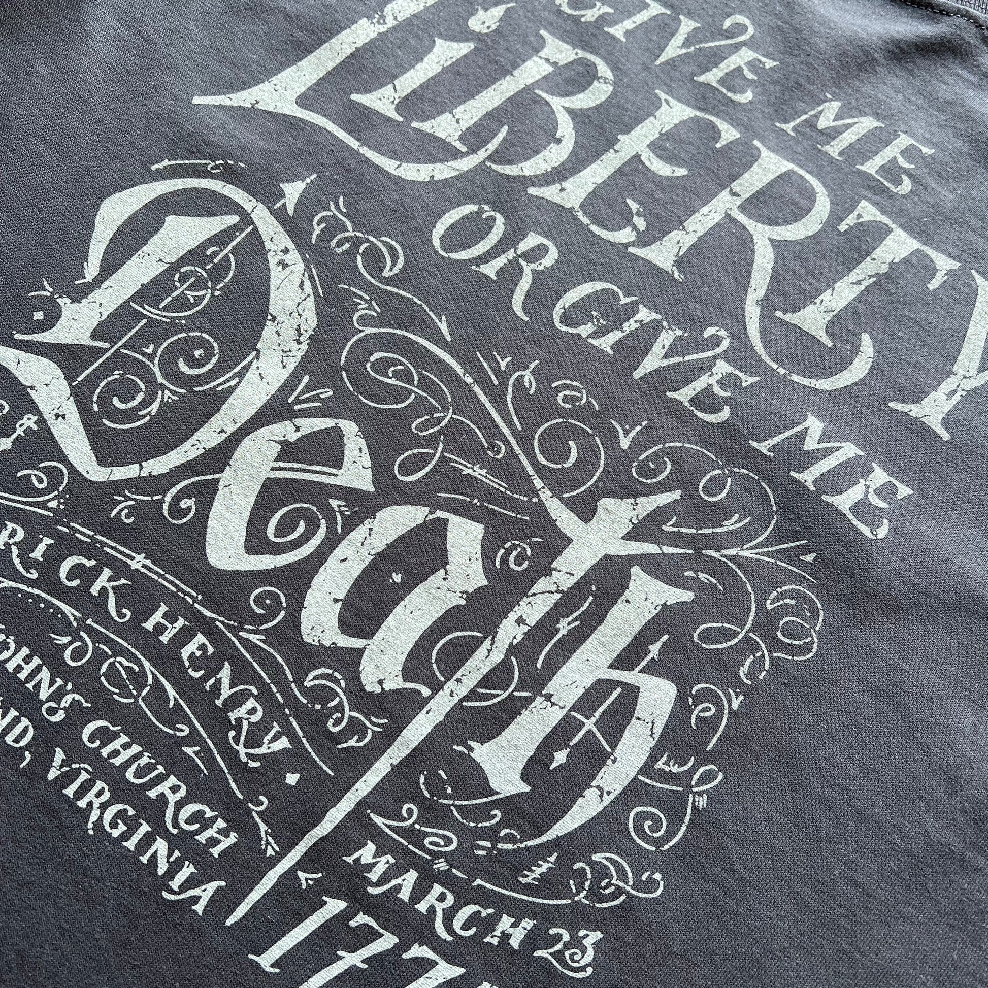 Close-up of "Give me liberty, or give me death!" Long-sleeved shirt from The History List store
