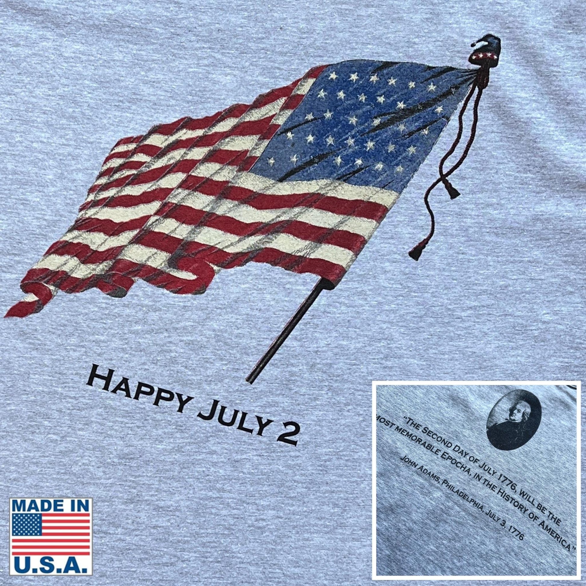 close-up front and back of  "Happy July 2” T-shirt with John Adams and his quote on the back from the history list store