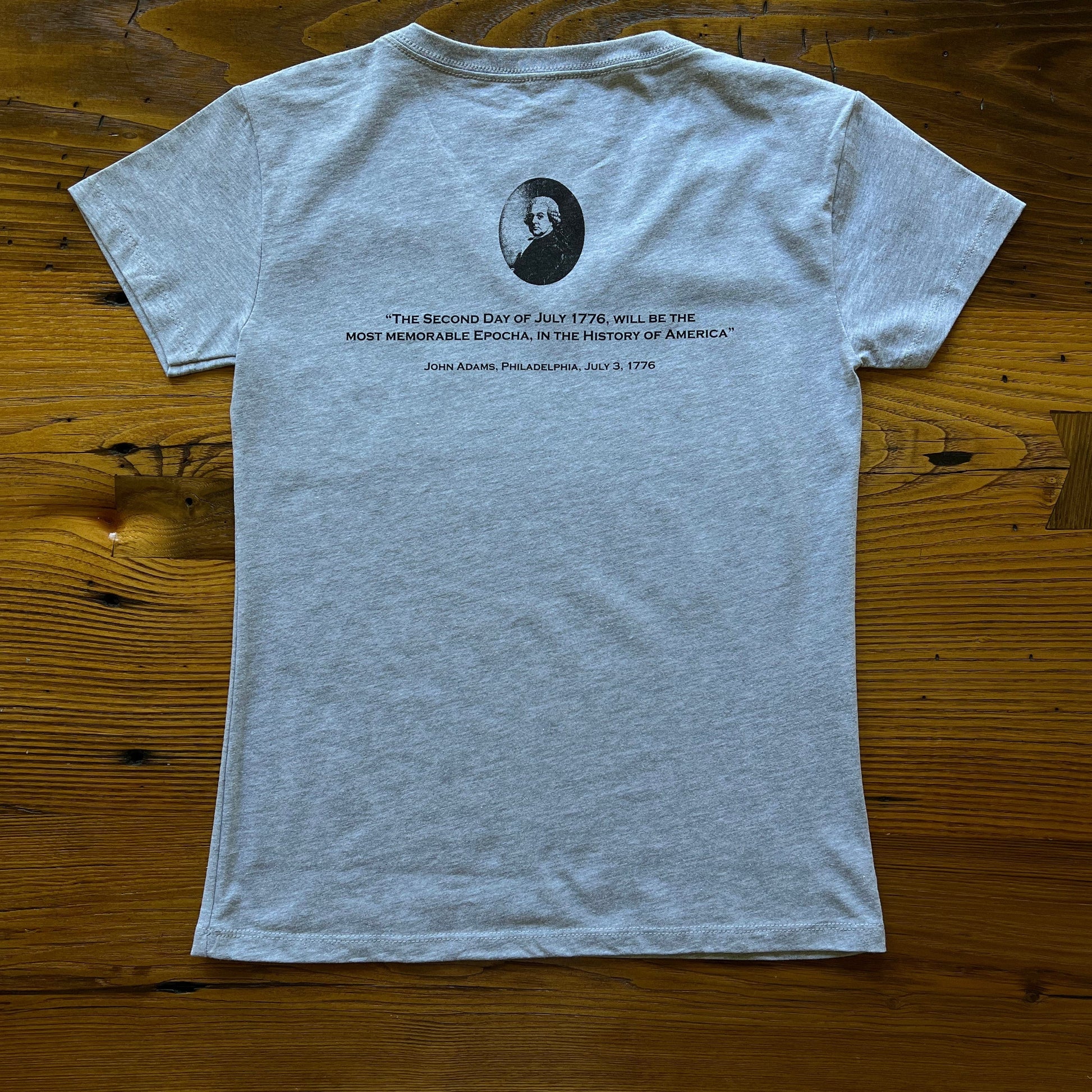 Back of "Happy July 2” v-neck shirt with John Adams and his quote on the back from The History List store