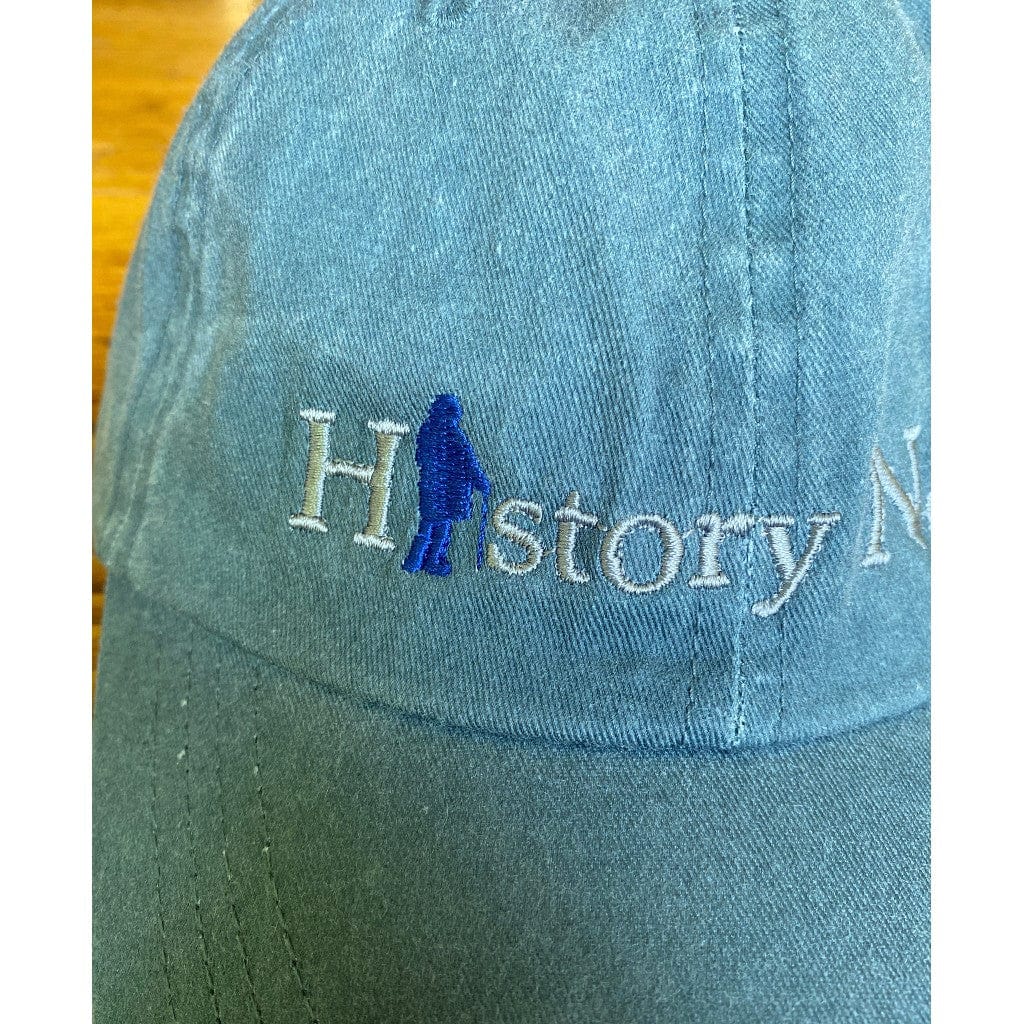 Close-up of the Embroidered "History Nerd" with Ben Franklin cap - Denim from the History List Store