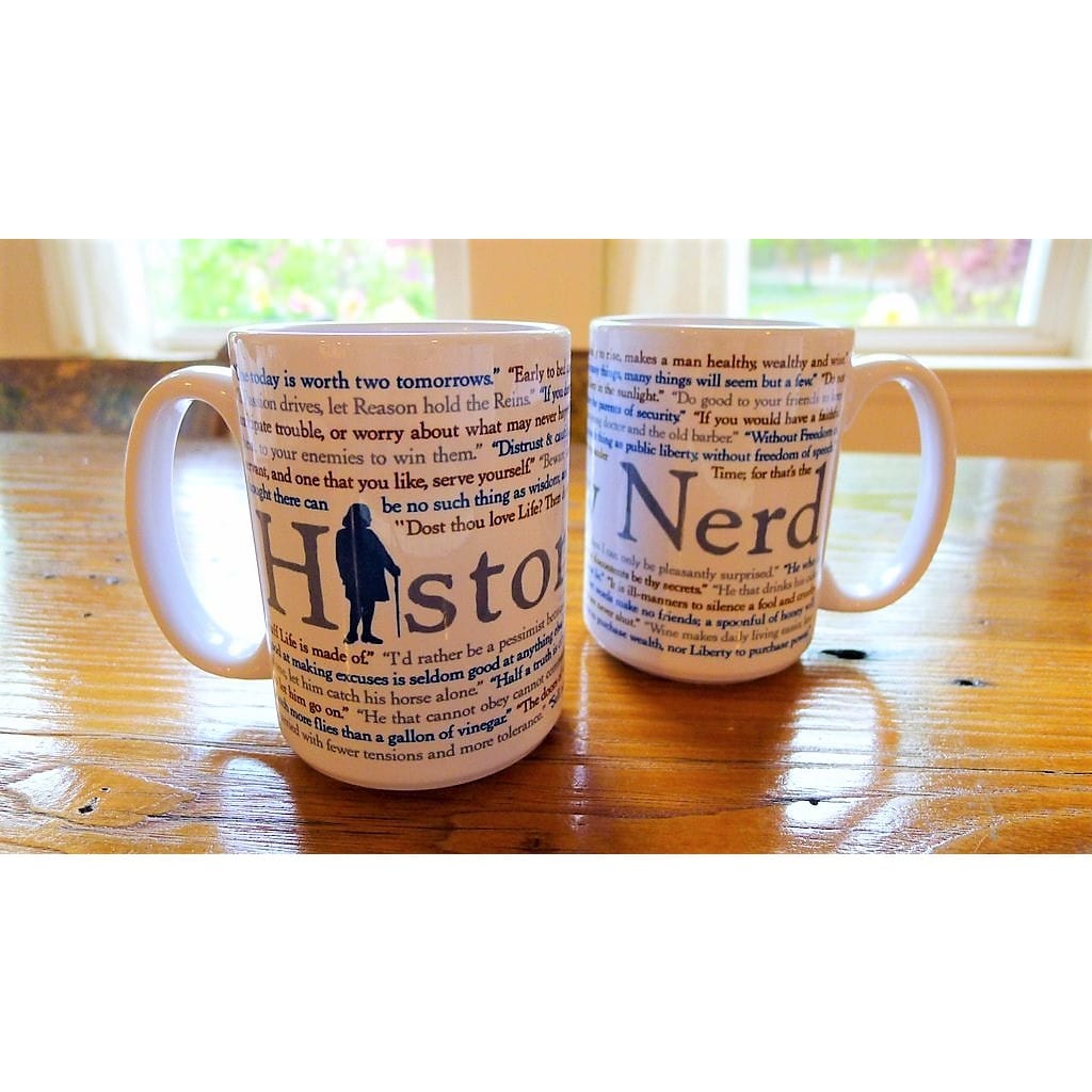 Two "History Nerd" Mugs with Ben Franklin Quotes from The History List Store