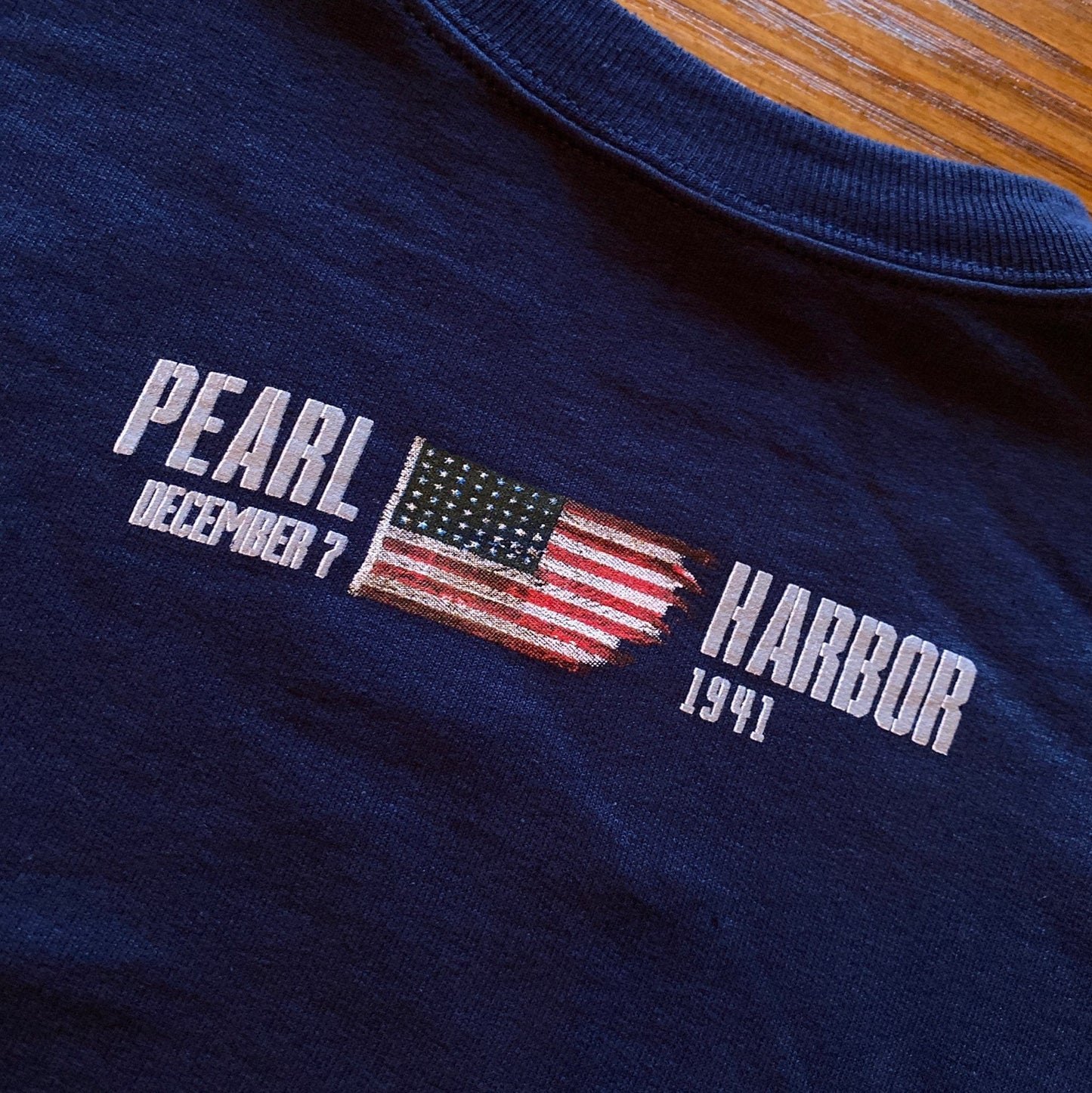 Back  Close-up “History Nerd” Pearl Harbor V-neck shirt with WWII sailor and historic flag from the History List Store