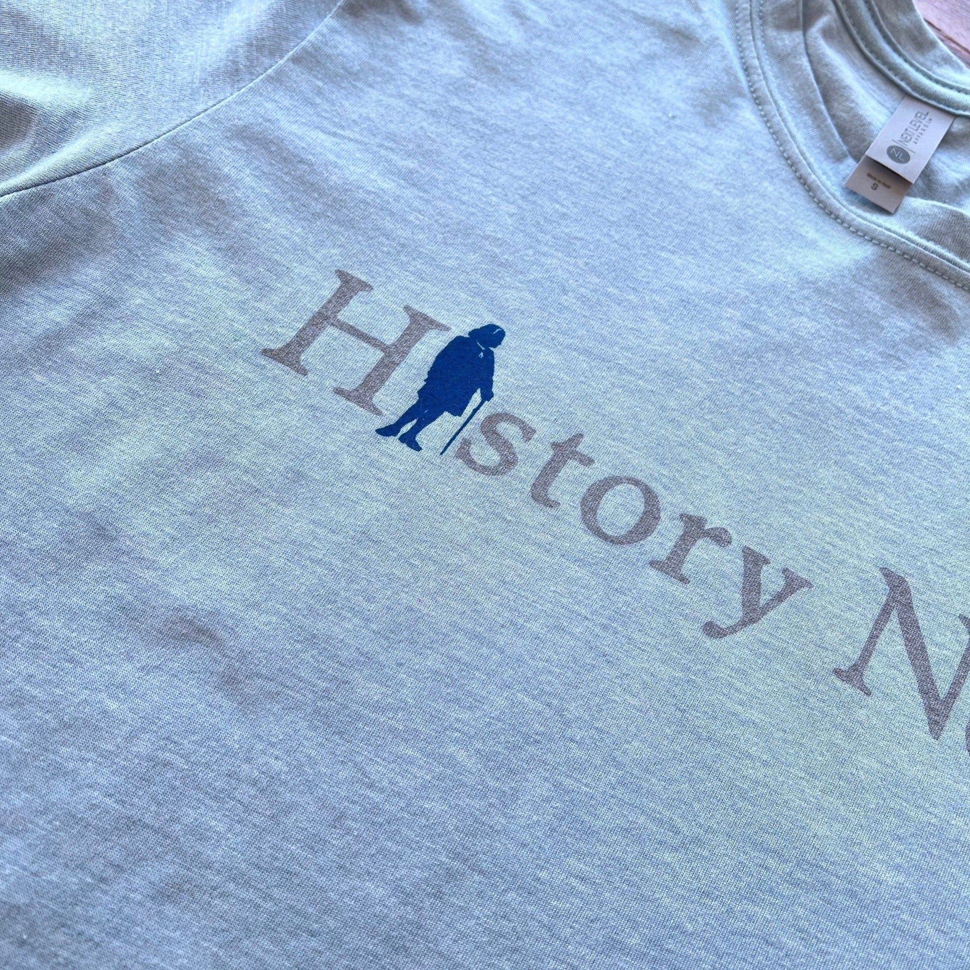 Close-up of "History Nerd" shirt with Ben Franklin from The History List Store