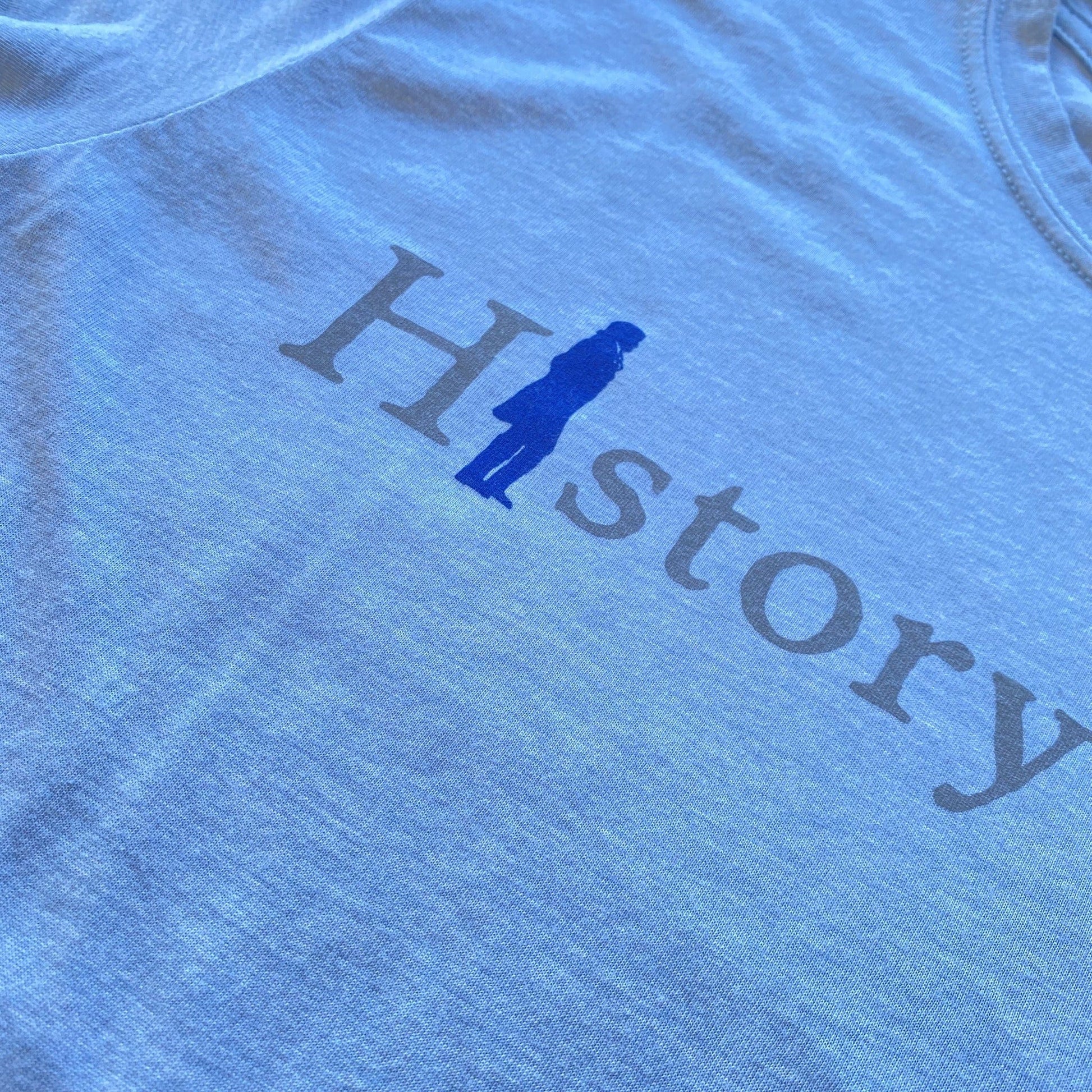 Close-up of "History Nerd" shirt with Thomas Jefferson - Light blue heather from the history list store