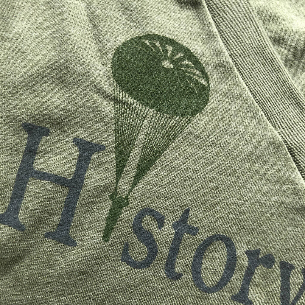 Close-up of "History Nerd" V-neck shirt with WWII Paratrooper - 75th Anniversary of D-Day from The History List Store