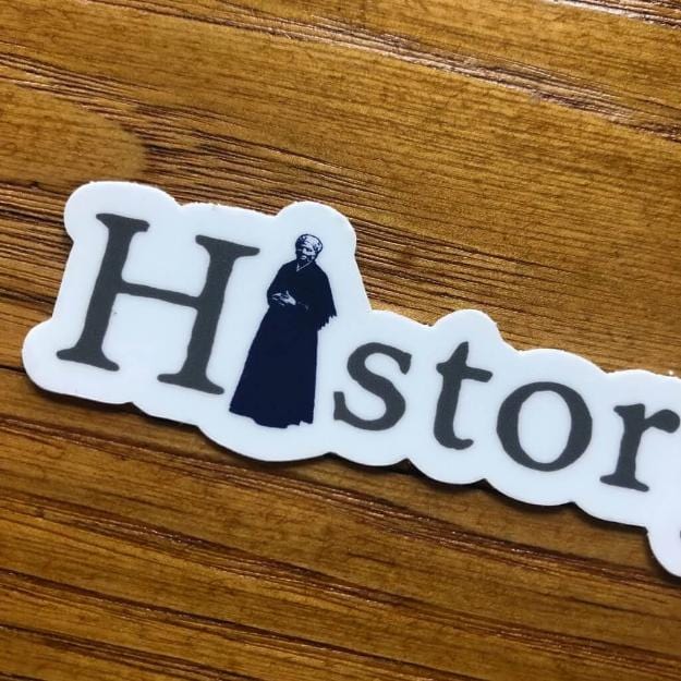 Close-up of "History Nerd" sticker with Harriet Tubman from The History List Store