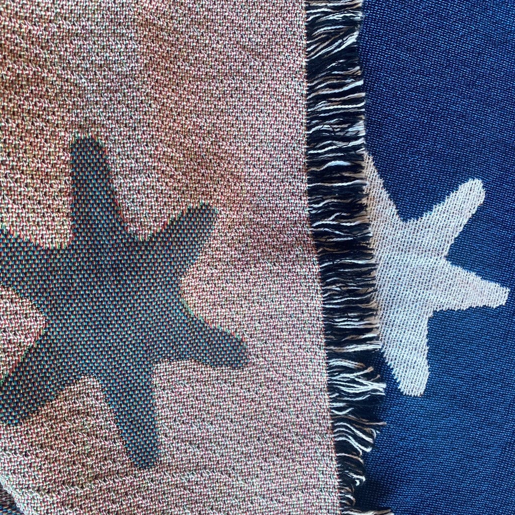 Close-up Back of "Victory" blanket woven in the US showing the stars from Washington's HQs flag from the History List Store