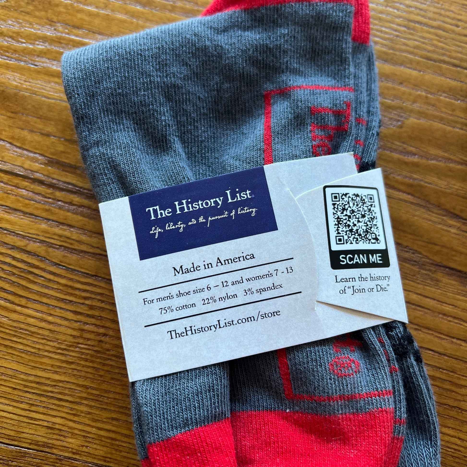 "Join or Die" Socks — Made in USA from The HIstory List store product description