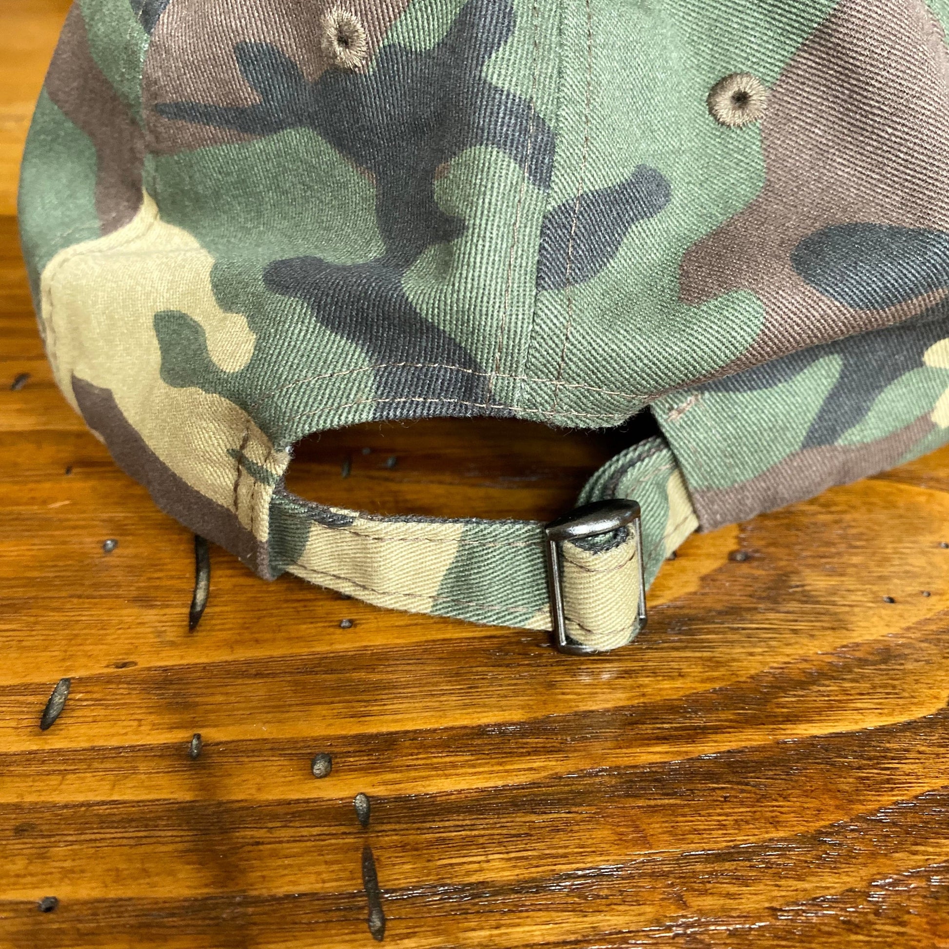 Back of Military Camo Theodore Roosevelt "Signature Series" Leather patch cap from the History List Store