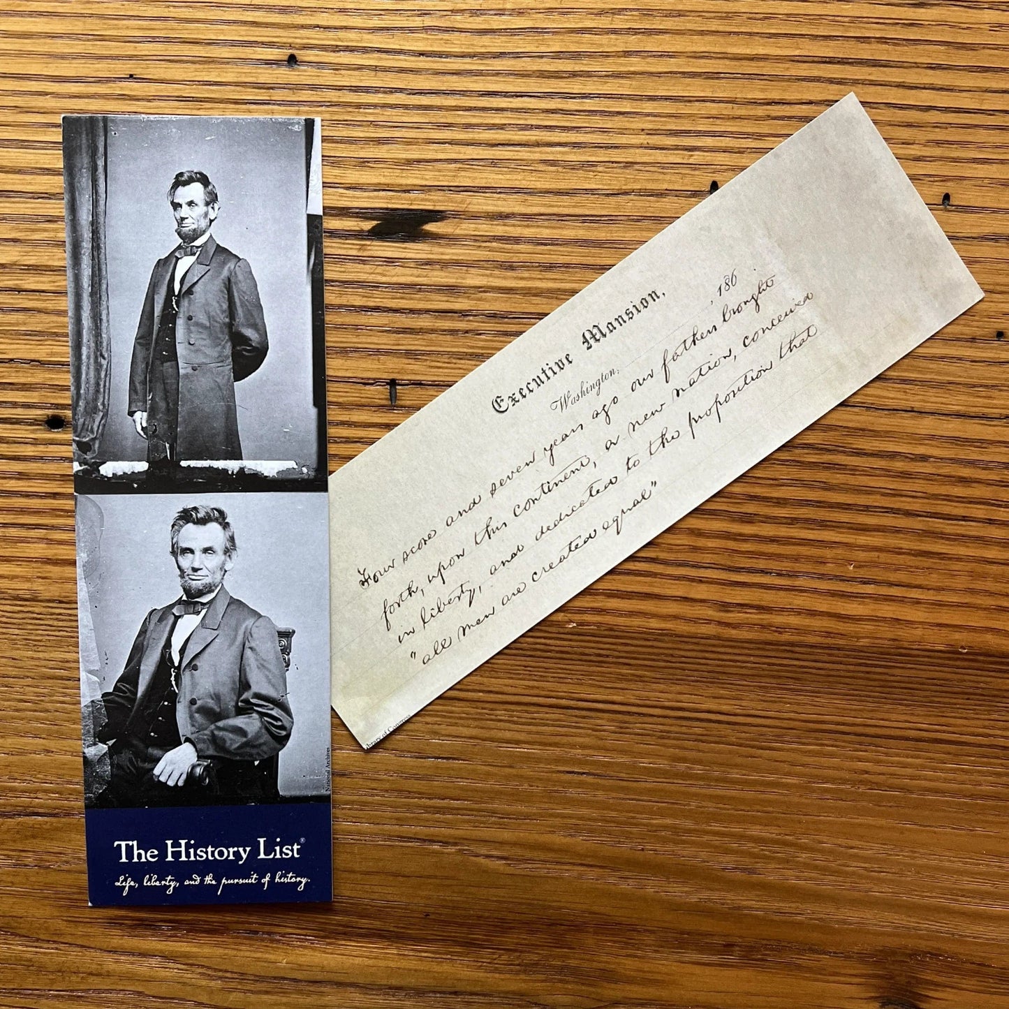 Abraham Lincoln and a note from the Emancipation Proclamation Bookmark The History List