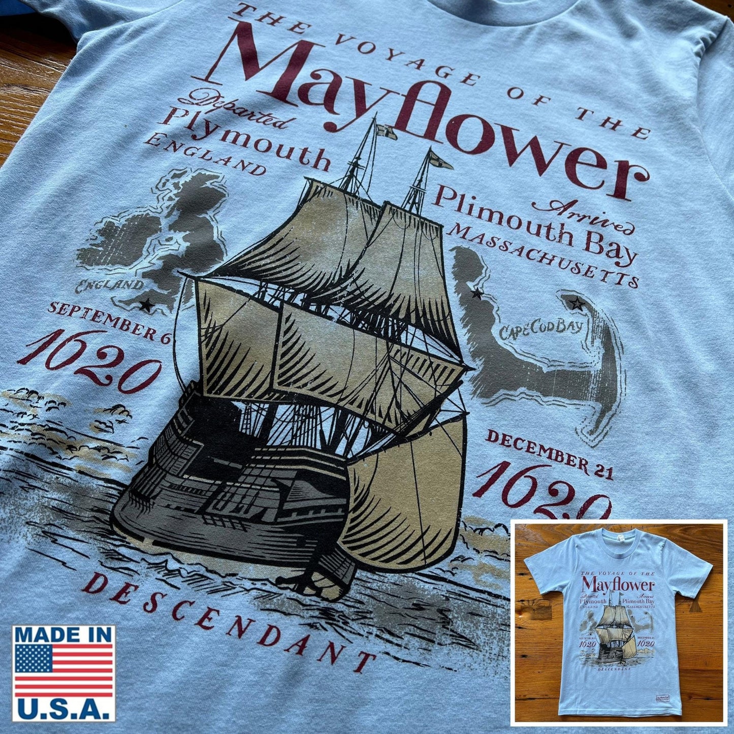 Light Blue - "The Voyage of the Mayflower" Shirt from the history list store