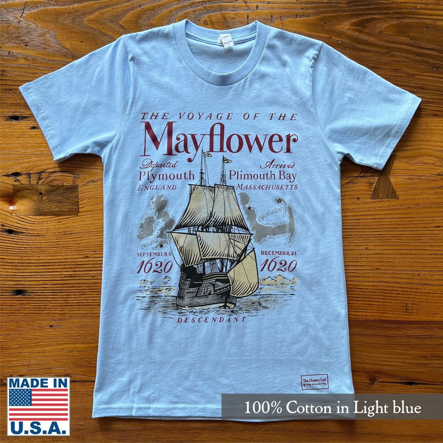 Light Blue - "The Voyage of the Mayflower" Shirt from the history list store - Made in USA
