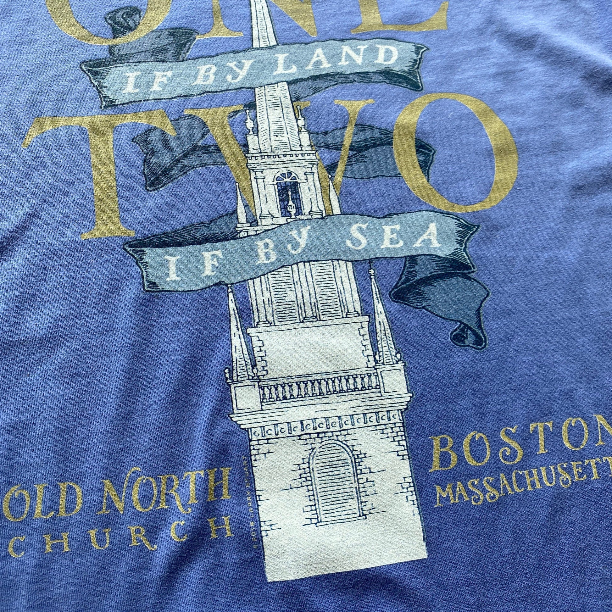 Close-up of "One if by land . . ." Old North Special Edition Shirt in Cobalt blue by The History List Store