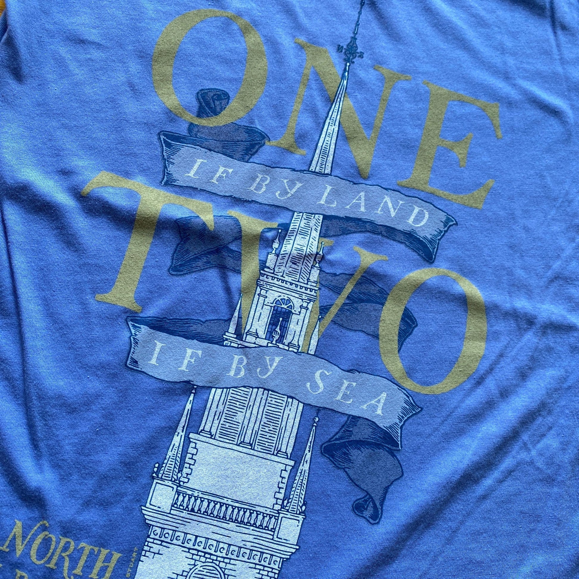 Close-up of Blue Violet "One if by land . . ." Old North Special Edition Women's v-neck shirt from the history list store