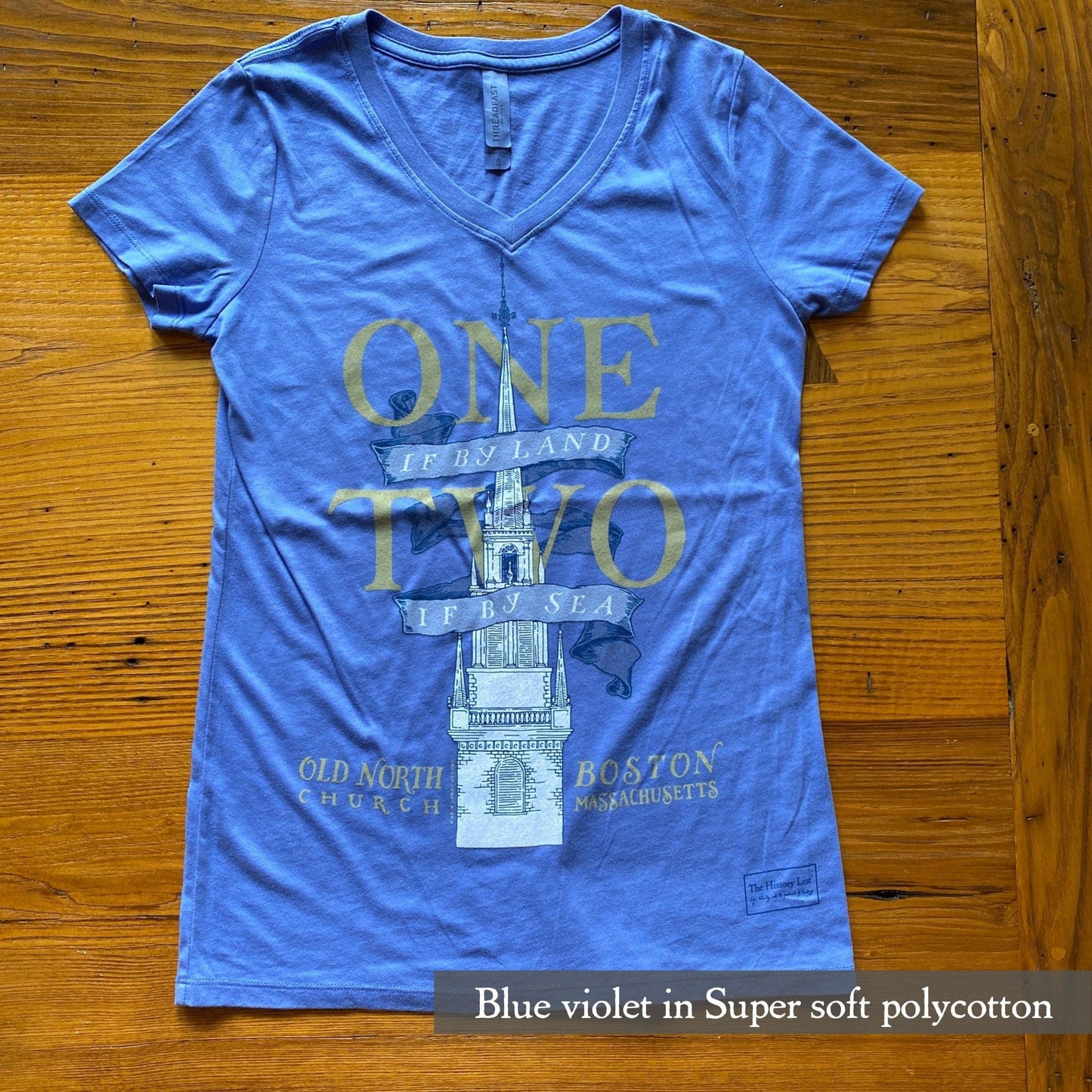 Blue violet "One if by land . . ." Old North Special Edition Women's v-neck shirt from the history list store