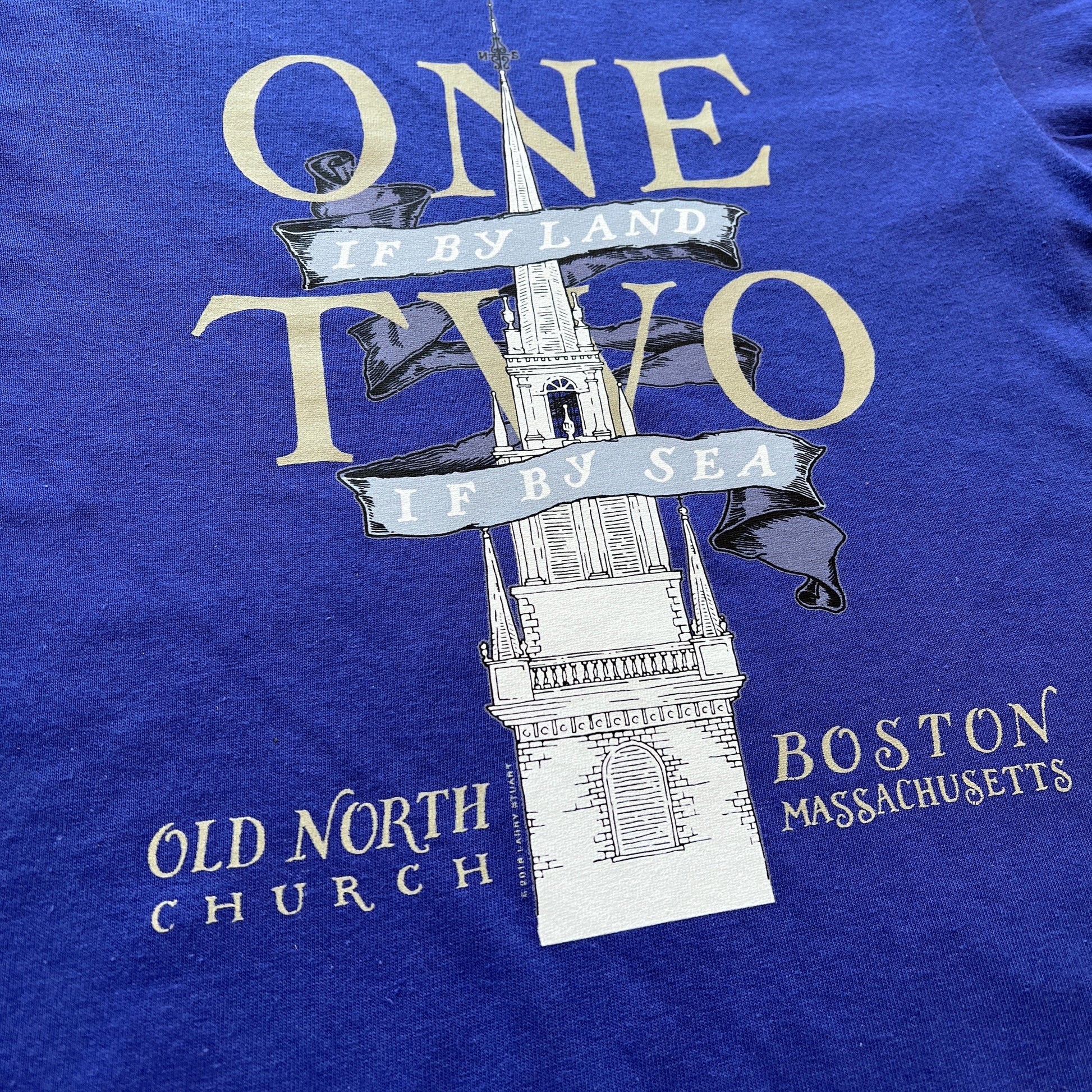 Close-up Metro Blue "One if by land . . ." Old North Special Edition T-shirt in Youth sizes from the history list store
