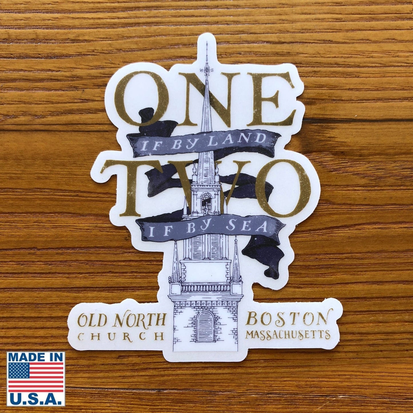 "One if by land . . ." die cut sticker from The History List Store
