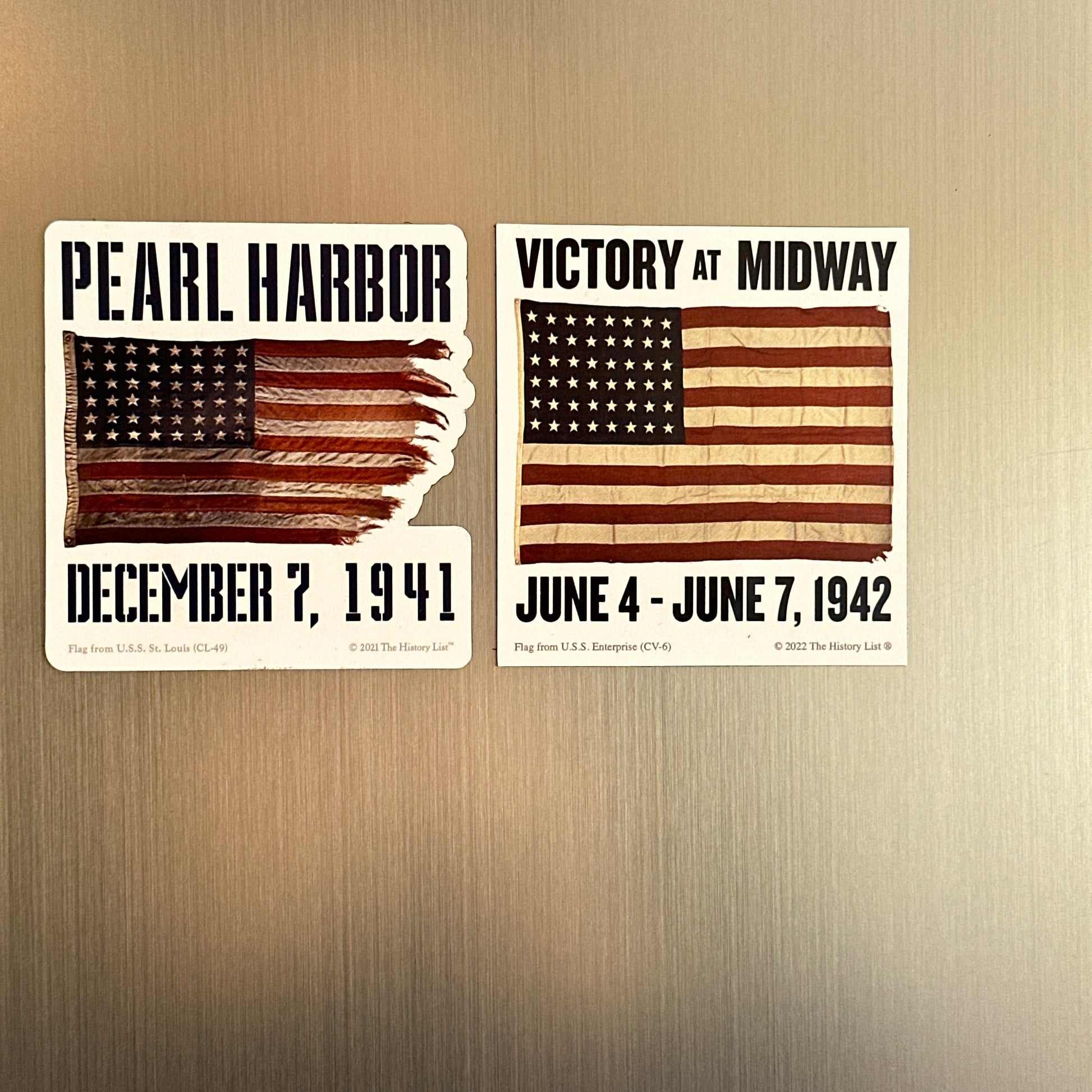 Pearl Harbor "Battleship Row" magnet and "Victory at Midway" magnet from The History List store