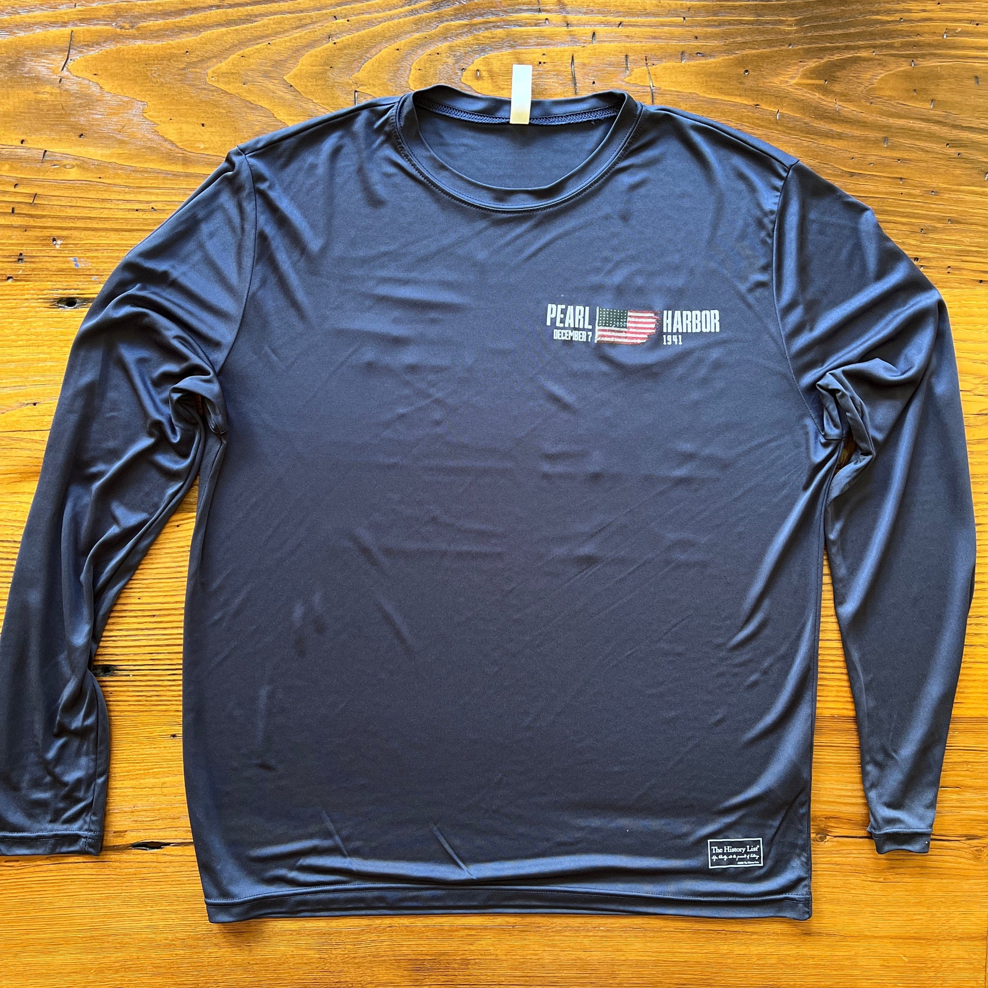 Front of the Pearl Harbor “Battleship Row” on moisture-wicking 100% polyester interlock with SPF 40+ UV protection - Long-sleeve from the History List Store