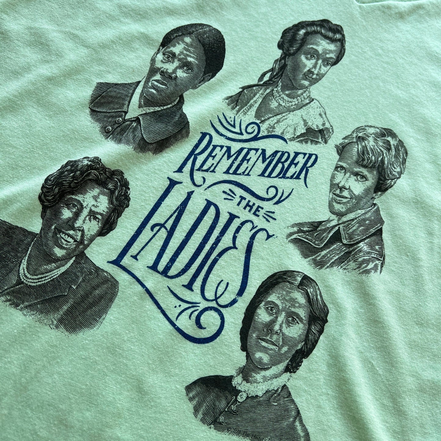 Close-up of "Remember the Ladies" Women's v-neck shirt — Circular design from The History List store in Mint