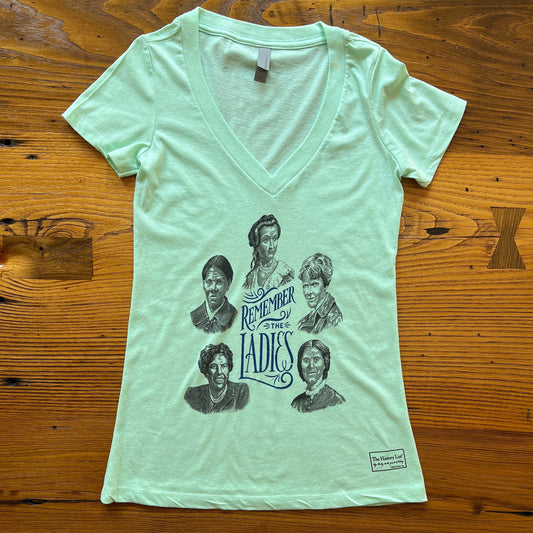 "Remember the Ladies" Women's v-neck shirt — Circular design in mint from The History List store