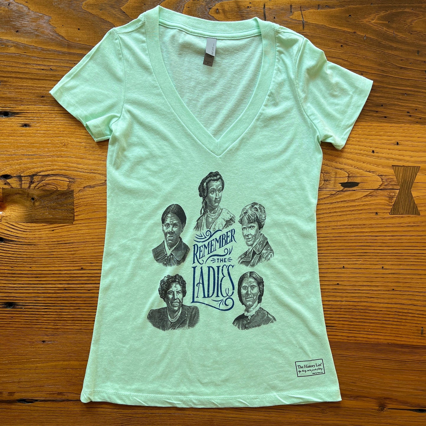 "Remember the Ladies" Women's v-neck shirt — Circular design in mint from The History List store