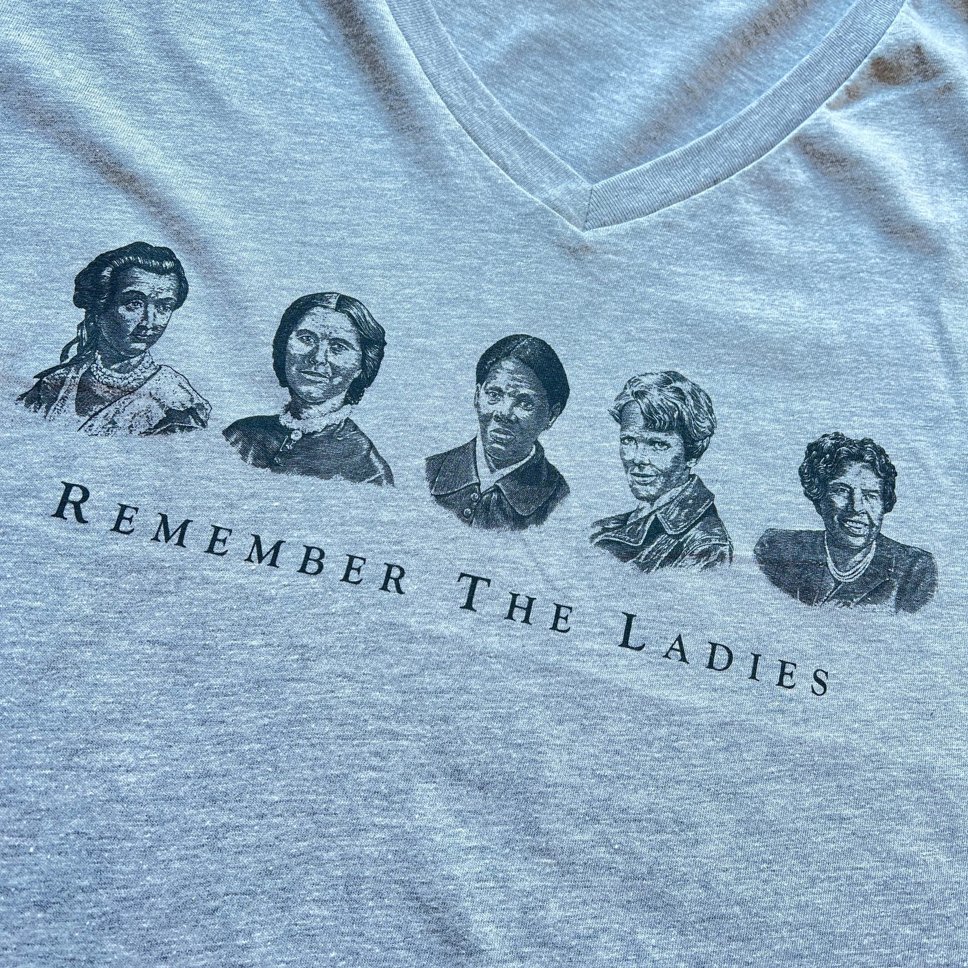 Close-up of "Remember the Ladies" Women's v-neck shirt — Straight design in Heather grey from The History List store