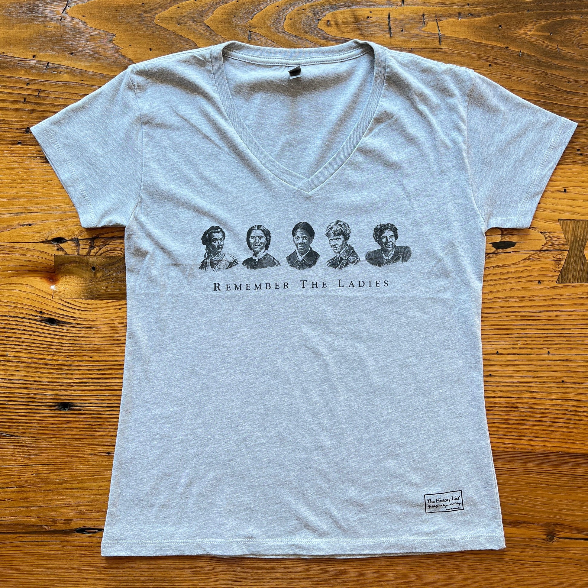 "Remember the Ladies" Women's v-neck shirt — Straight design in Heather grey from The History List store