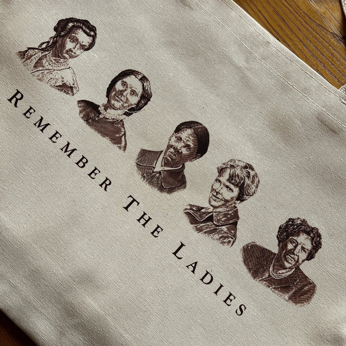 Close-up of "Remember the Ladies" Tote bag from The History List store