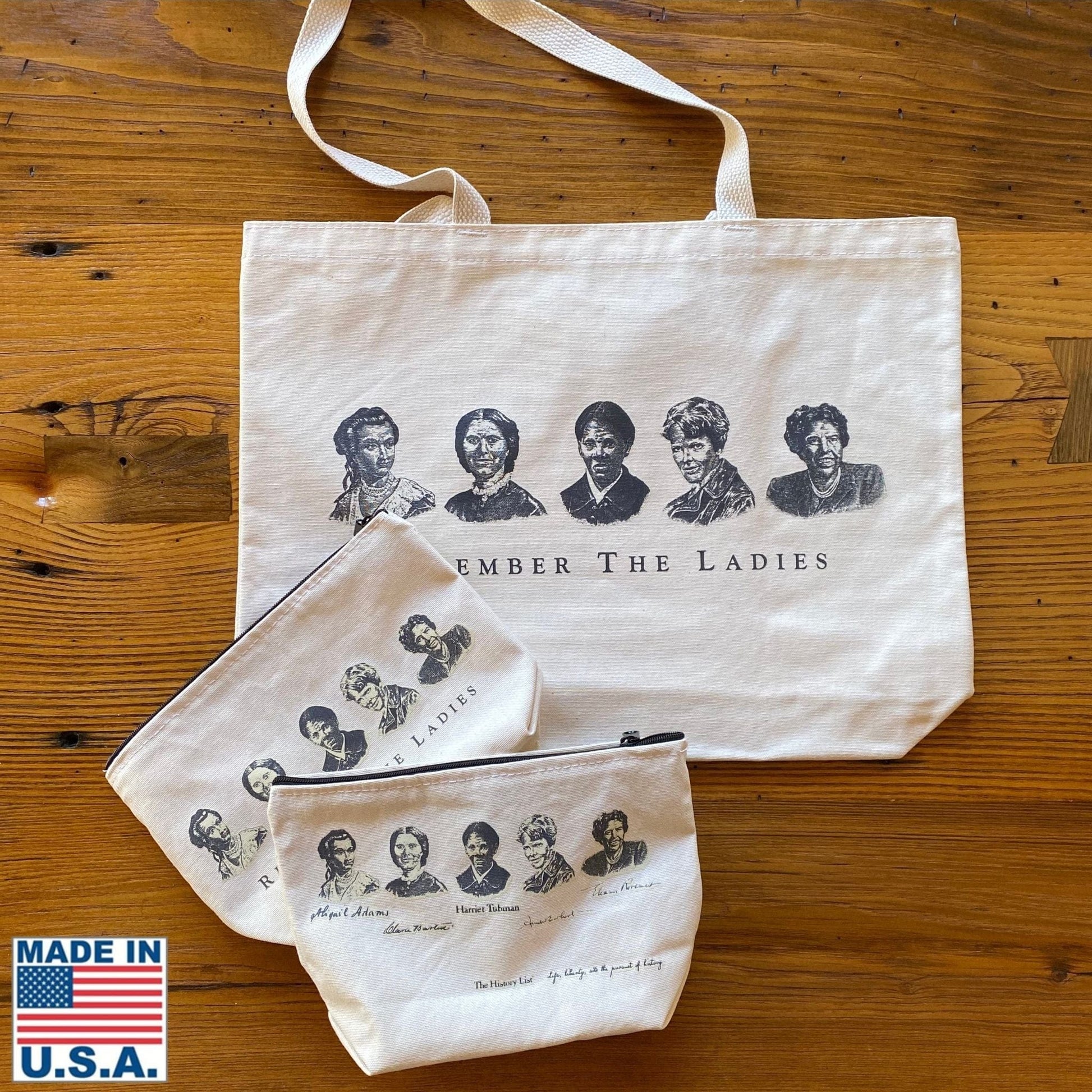 "Remember the Ladies" tote and small canvas bag from the history list store