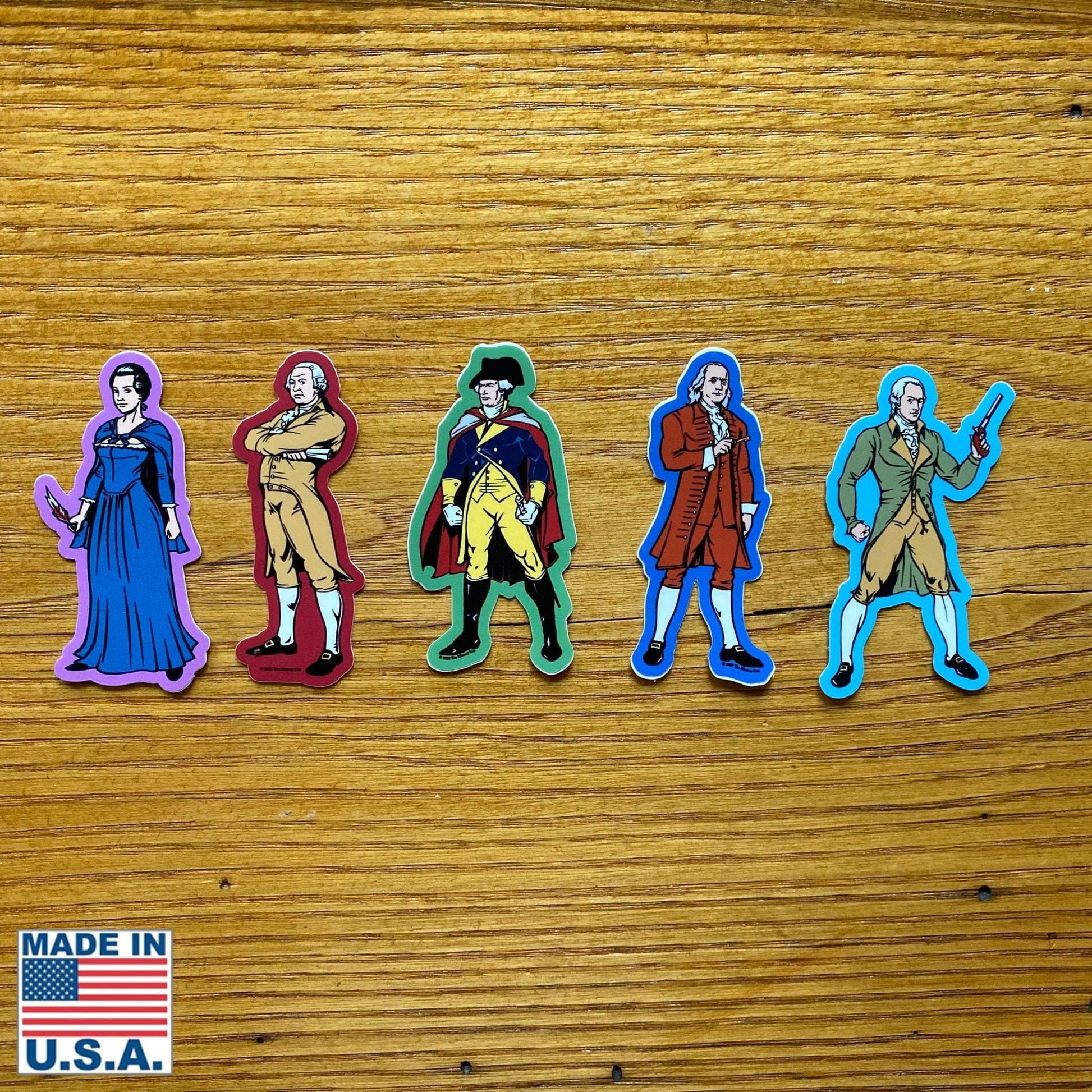 Sticker bundle with individual Abigail Adams, John Adams, George Washington, Ben Franklin, and Alexander Hamilton as "Revolutionary Superheroes" from the History List Store