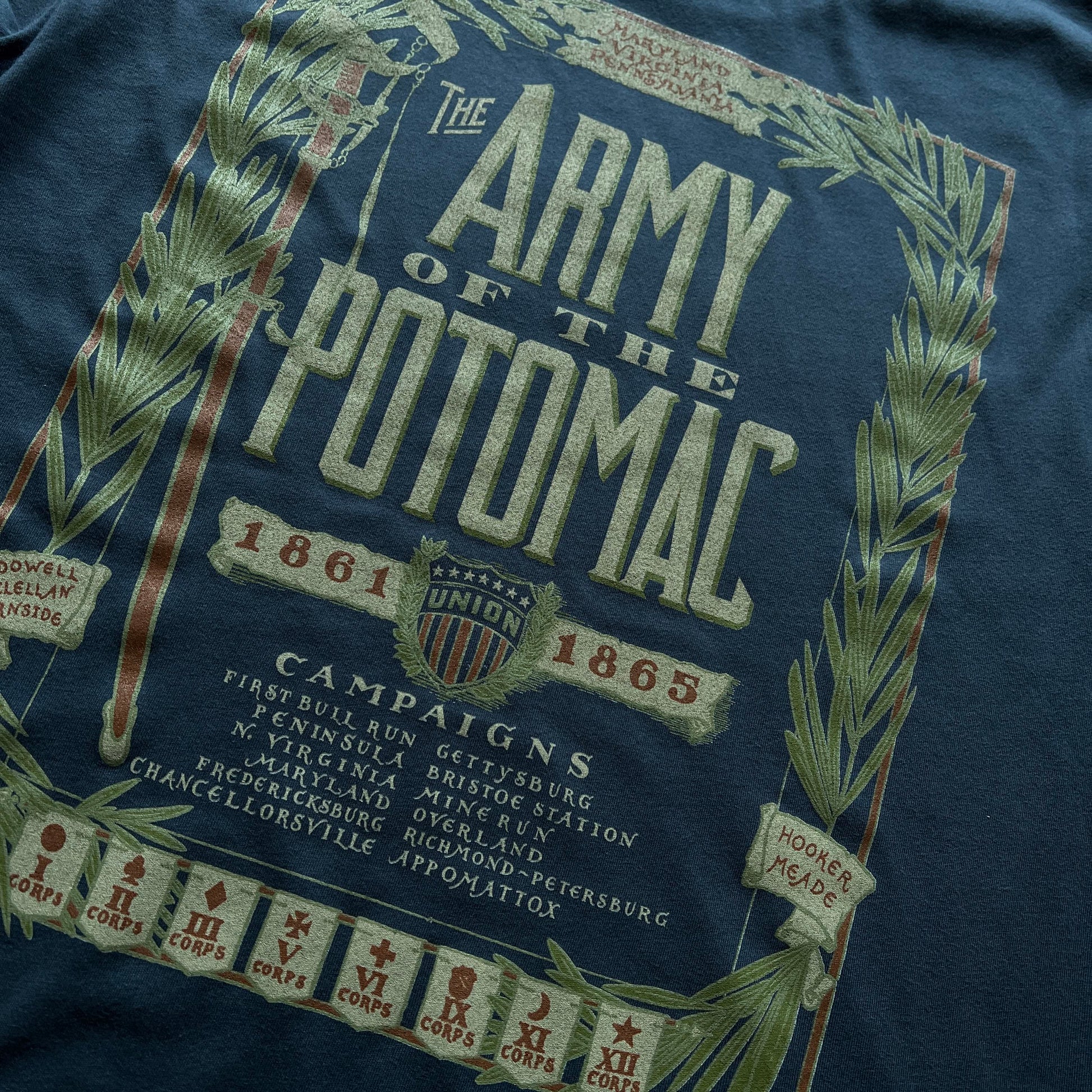 Close-up of back of "The Army of the Potomac" Long-sleeved shirt from The History List store