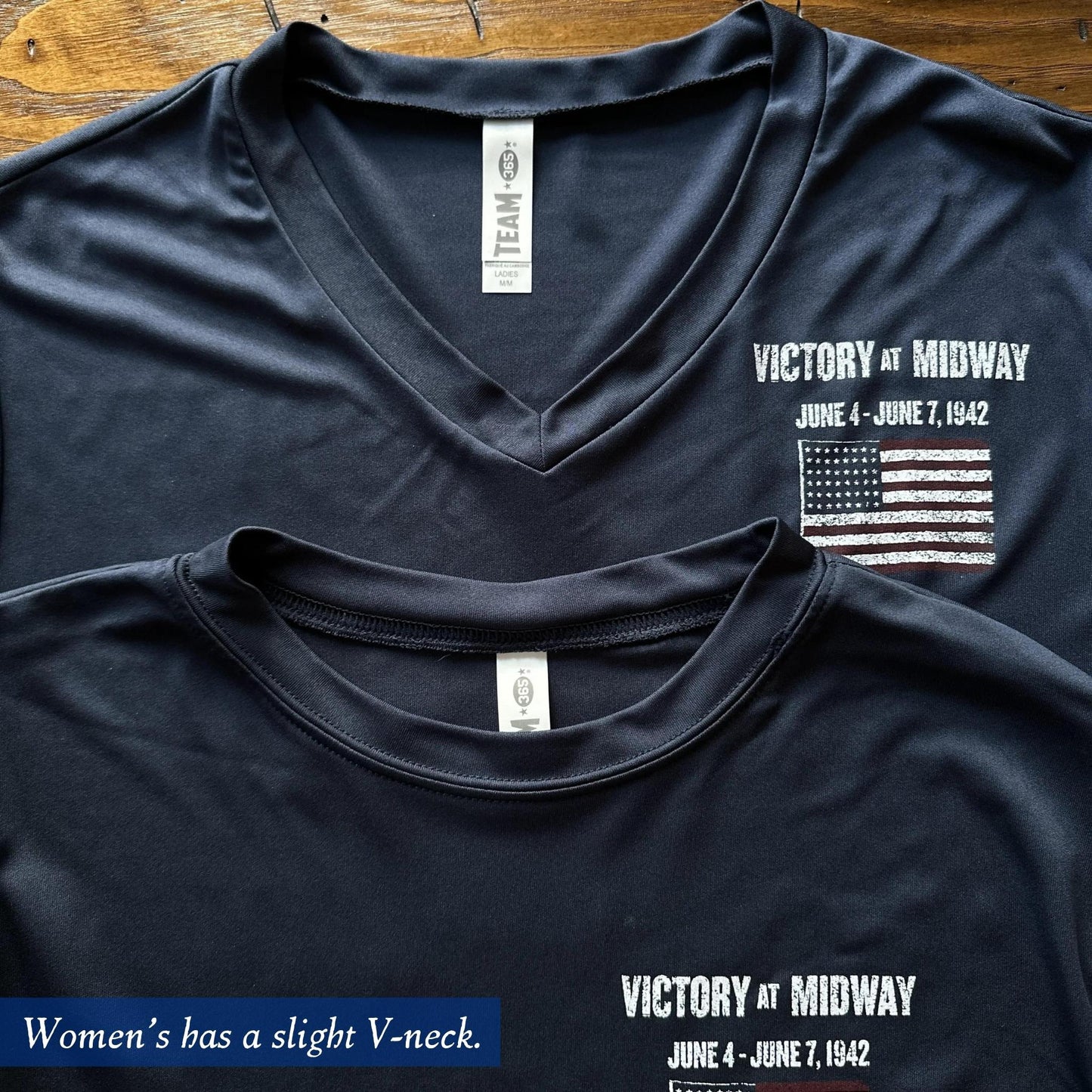 Neckline comparison of the "Victory at Midway" on moisture-wicking 100% polyester interlock with SPF 40+ UV protection - Long-sleeved from The History List store