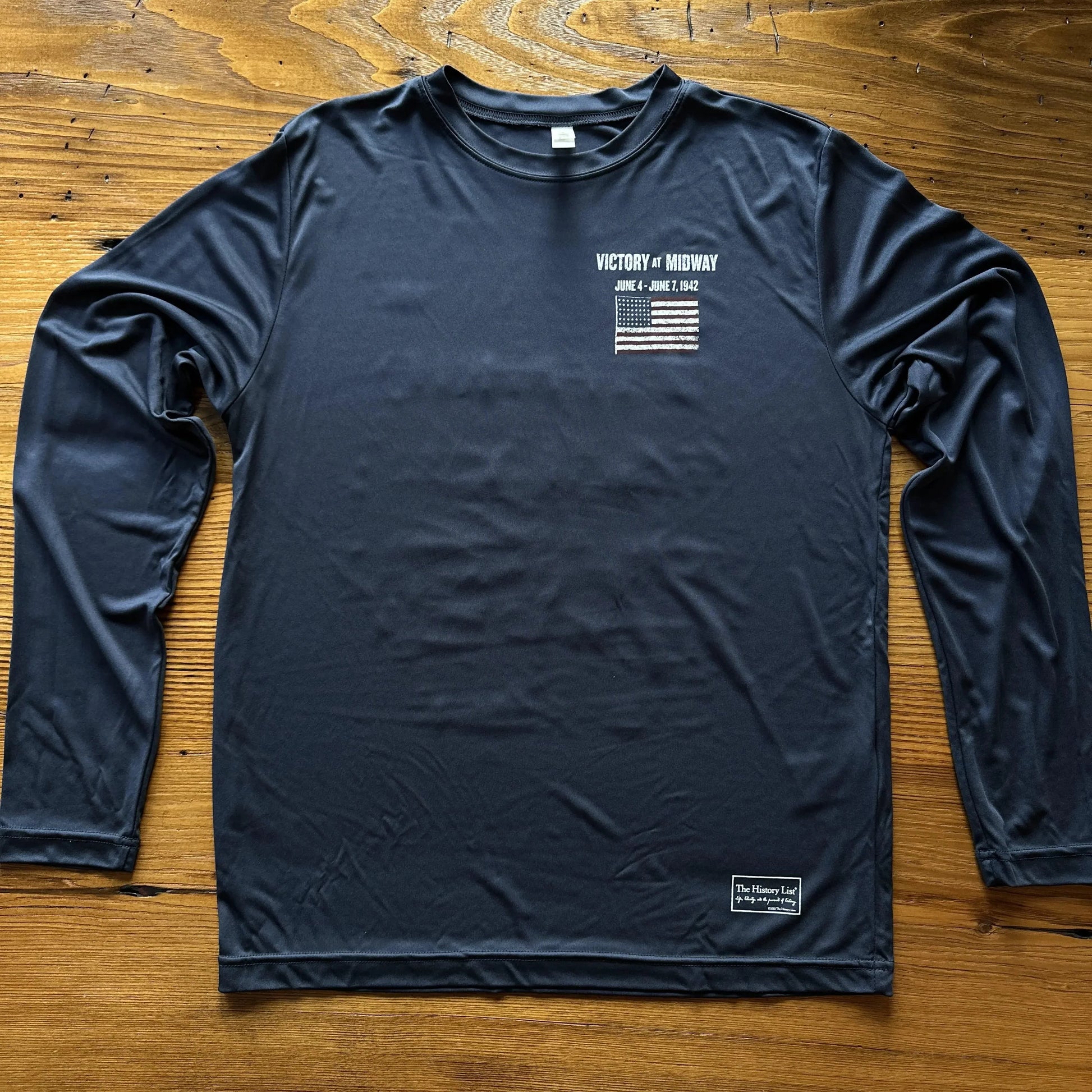 Front of Men's "Victory at Midway" on moisture-wicking 100% polyester interlock with SPF 40+ UV protection - Long-sleeved from The History List store
