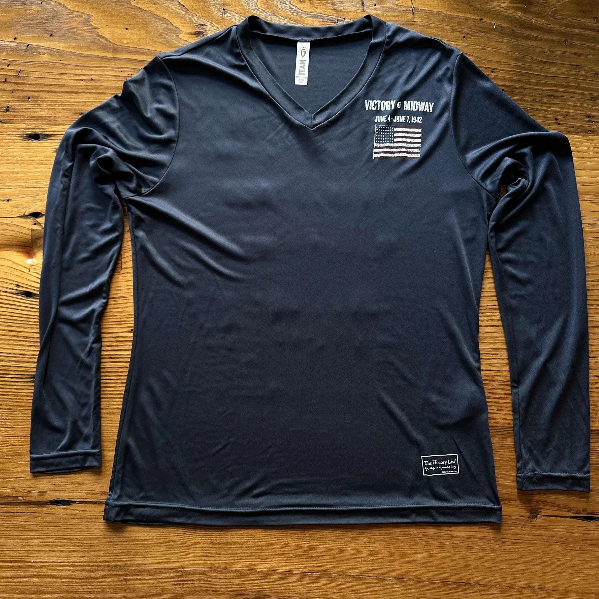 Front of women's "Victory at Midway" on moisture-wicking 100% polyester interlock with SPF 40+ UV protection - Long-sleeved from The History List store