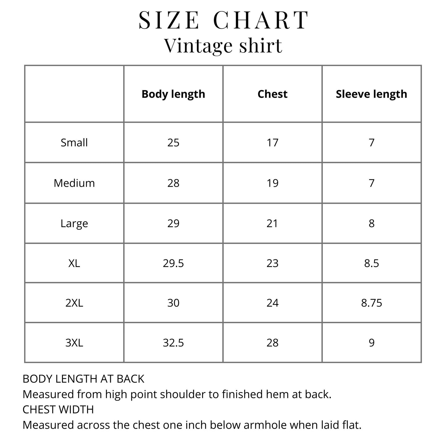 Vintage shirt size chart for The Battle of the Bulge Shirt from The History List Store