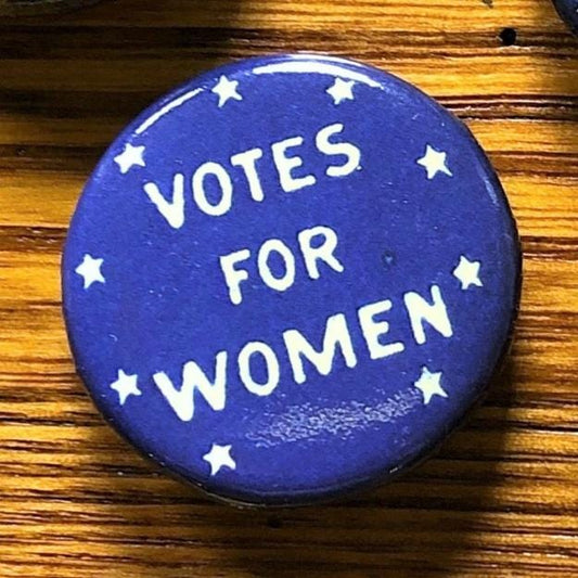 Blue "Votes for Women" Button pin from The History List Store