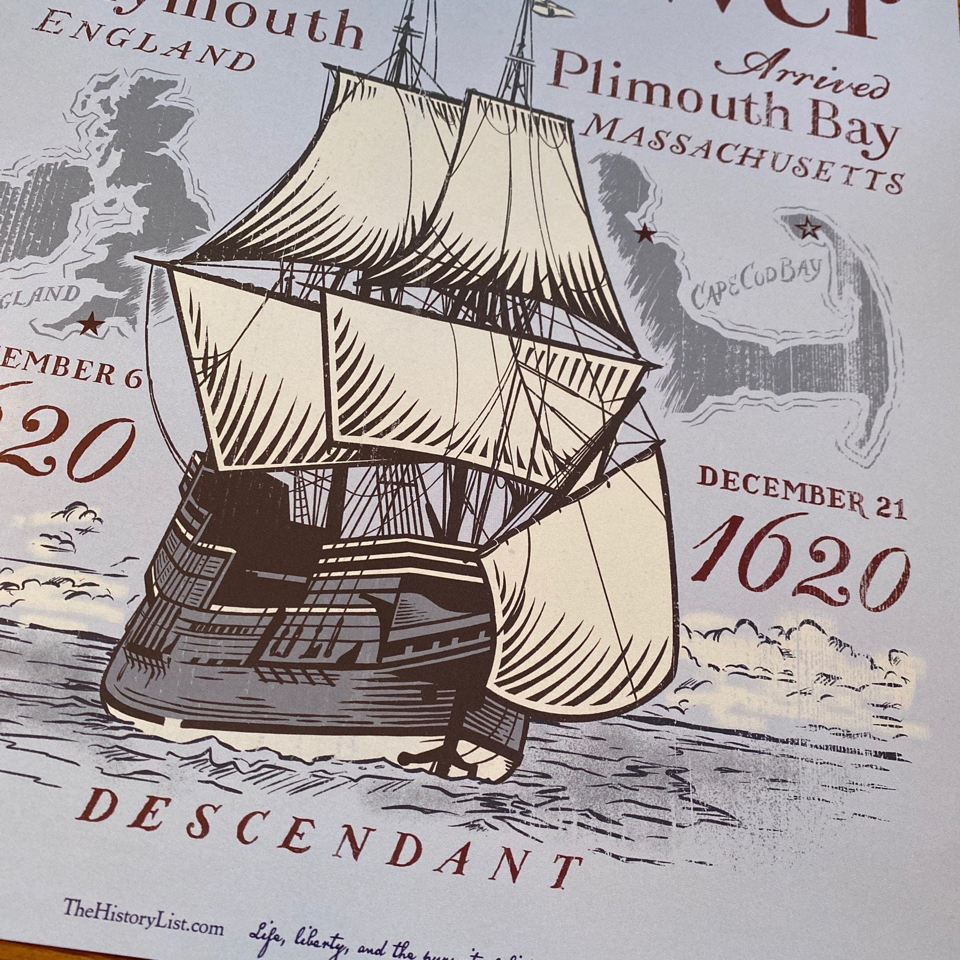 Close-up of "The Voyage of the Mayflower" as a small poster from the History List Store